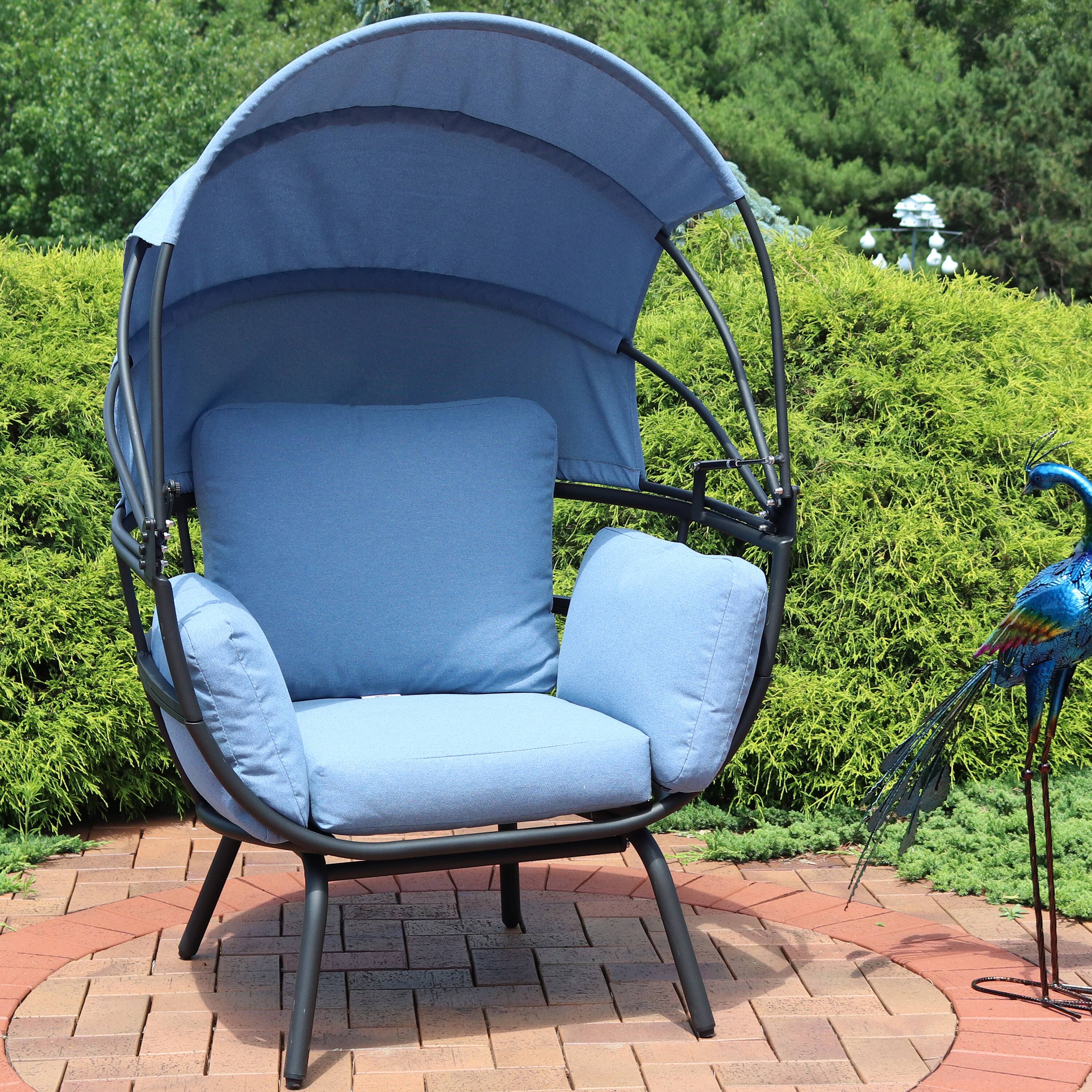 Alt View 4. Sunnydaze - Modern Luxury Wicker Lounge Chair with Retractable Shade - Blue.