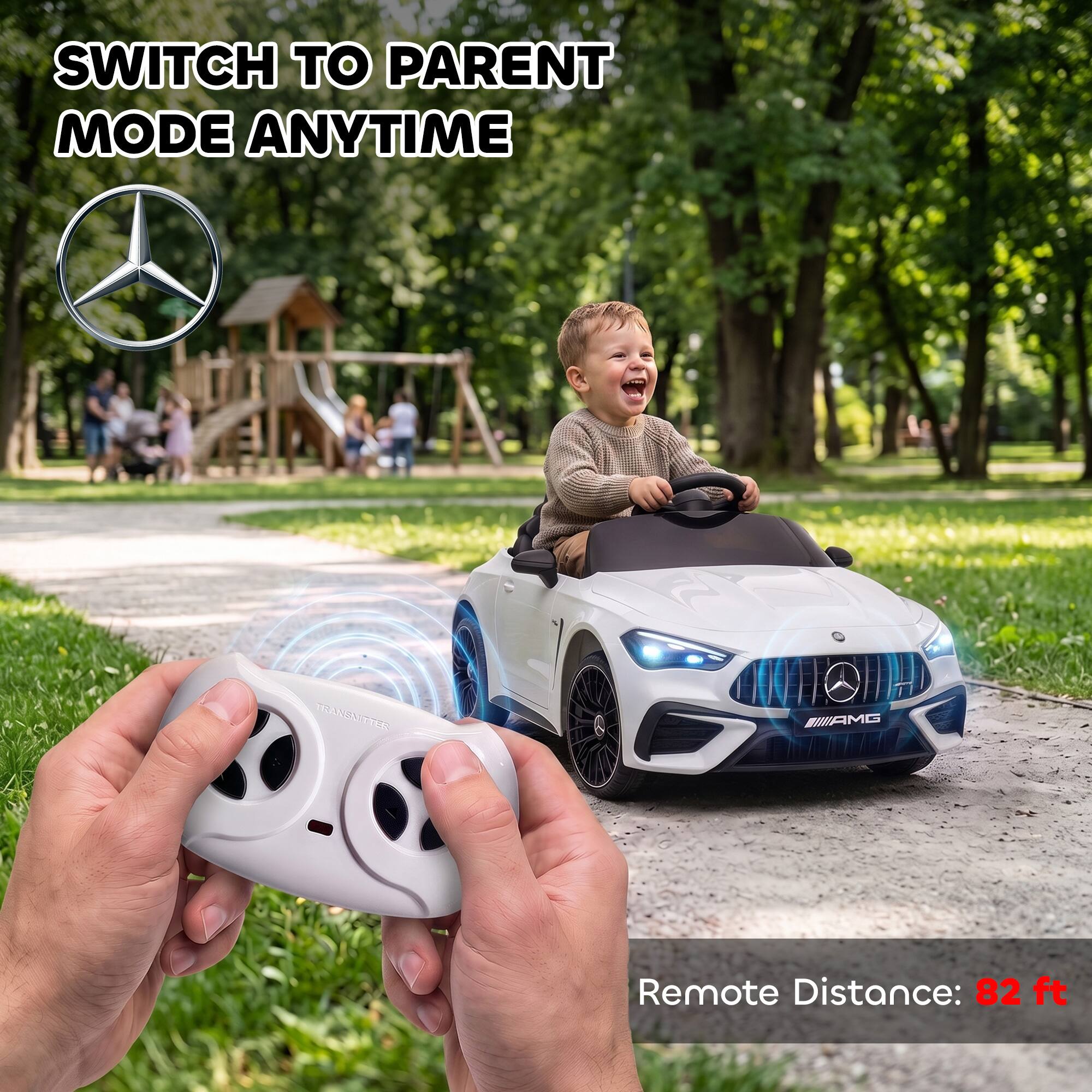 SWITCH TO PARENT MODE ANYTIME

TRANSMITTER

Remote Distance: 82 ft
