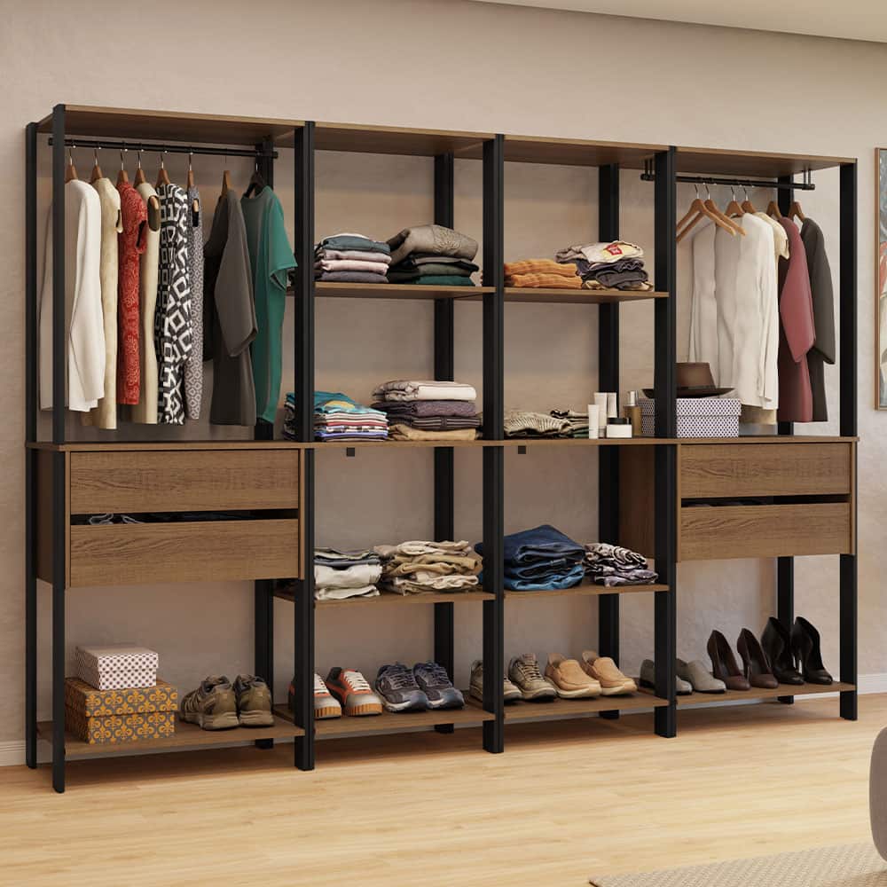 "Madesa - Wardrobe Clothes Storage Rack with 4 Drawers, Open Shelves and Hanging Spaces 102""L - Black/Brown - Rustic/Black" price history on PriceWatchPro