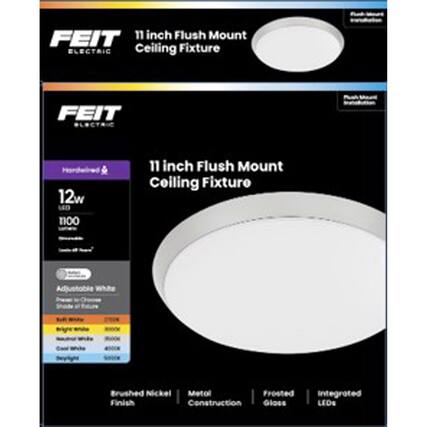 FEIT 11 inch Flush Mount ELECTRIC Ceiling Fixture
FEIT ELECTRIC 12w L40
11 inch Flush Mount Ceiling Fixture Adjustable White of Bright Brushed Nickel Metal Frosted Finish Construction Gloss Integrated LEDs