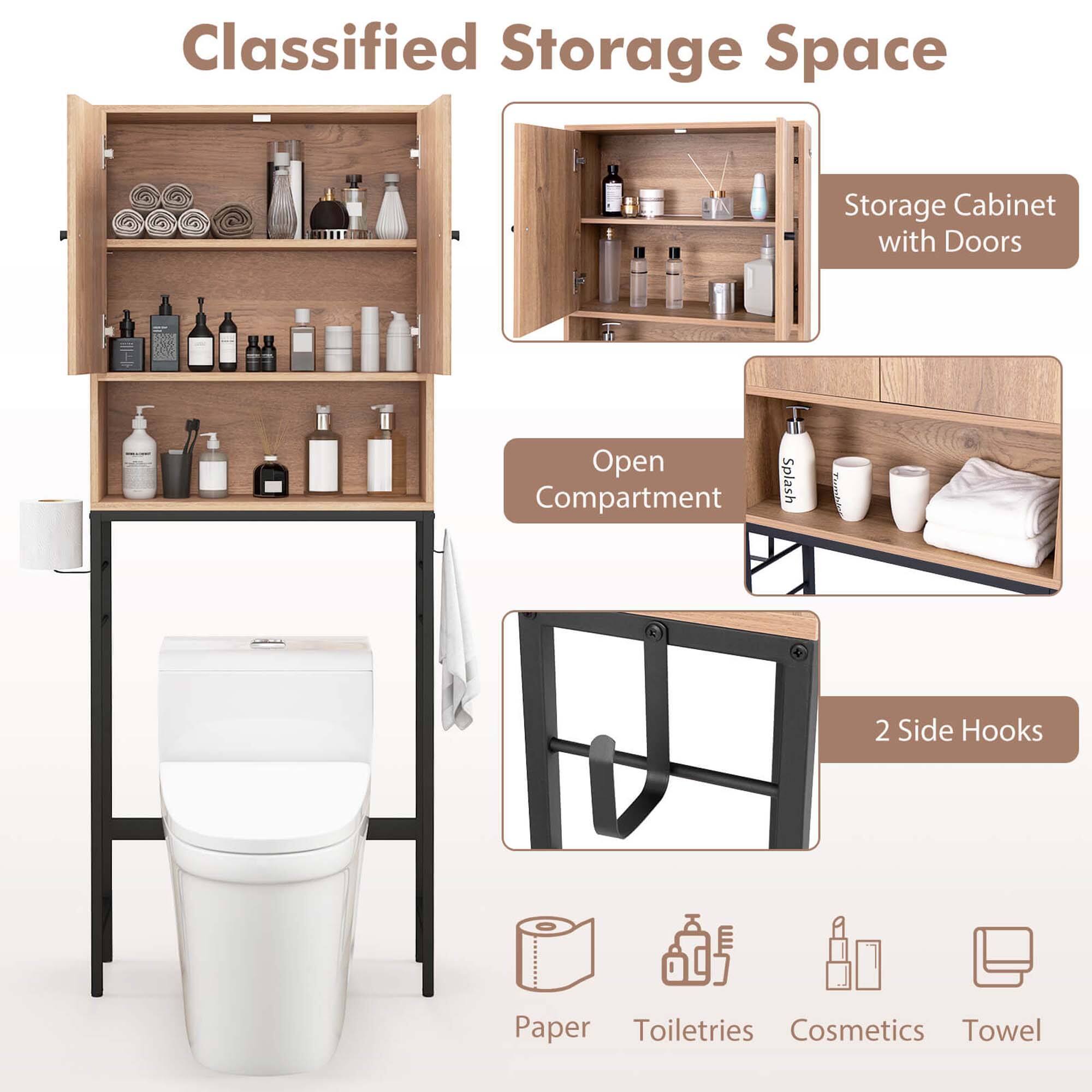 Classified Storage Space

- Storage Cabinet with Doors
- Open Compartment
- 2 Side Hooks

- Paper
- Toiletries
- Cosmetics
- Towel