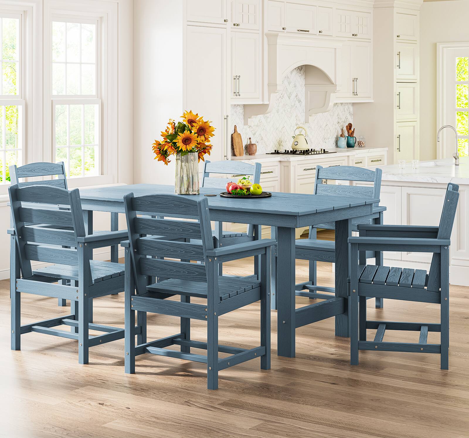 Alt View 5. SERWALL - 7 Pcs Outdoor Dining Set, Outdoor Dining Furniture with Rectangular Table & 6 Chairs, All-Weather Resistant Dining Set - Blue.