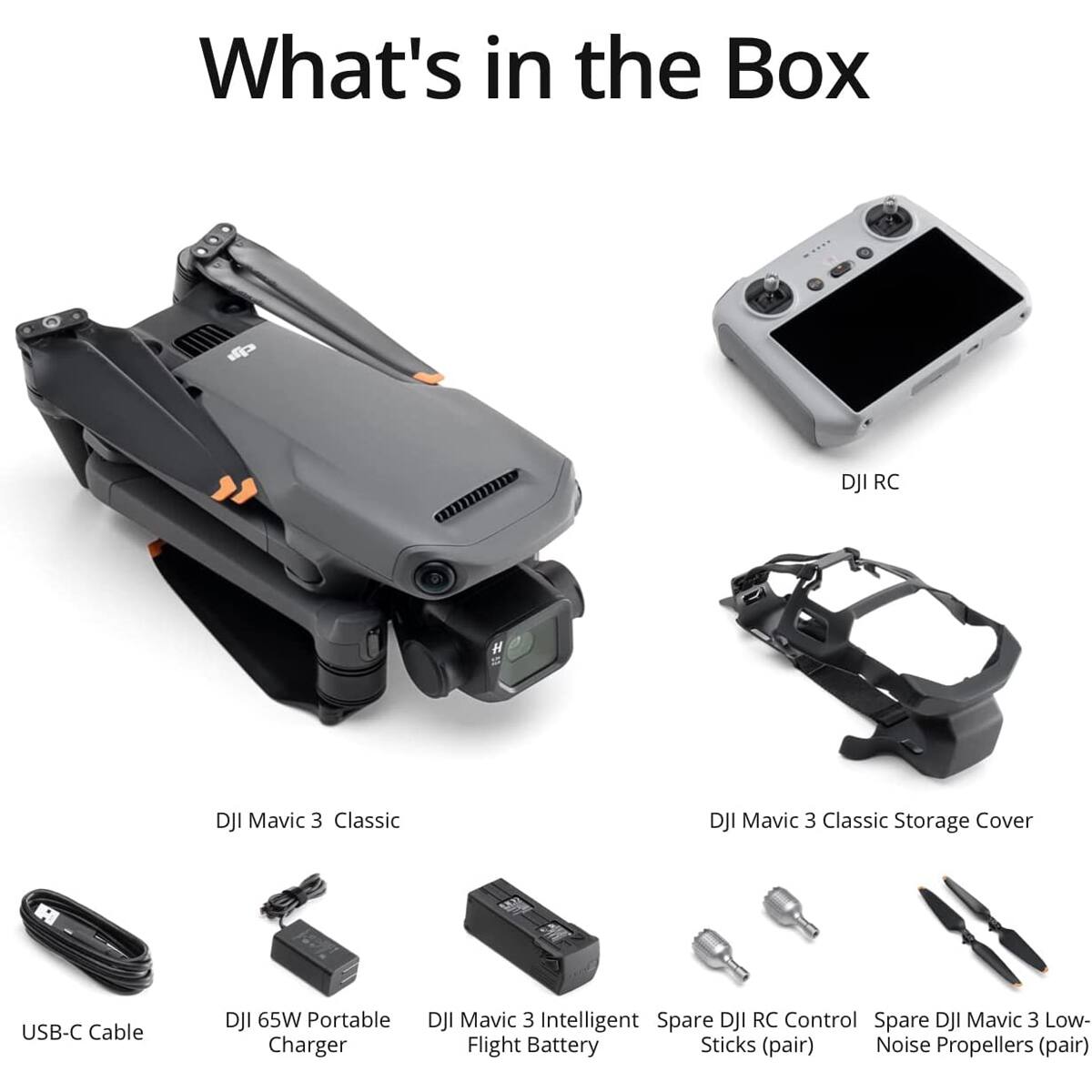What's in the Box

- DJI Mavic 3 Classic
- DJI RC
- DJI Mavic 3 Classic Storage Cover
- USB-C Cable
- DJI 65W Portable Charger
- DJI Mavic 3 Intelligent Flight Battery
- Spare DJI RC Control Sticks (pair)
- Spare DJI Mavic 3 Low-Noise Propellers (pair)