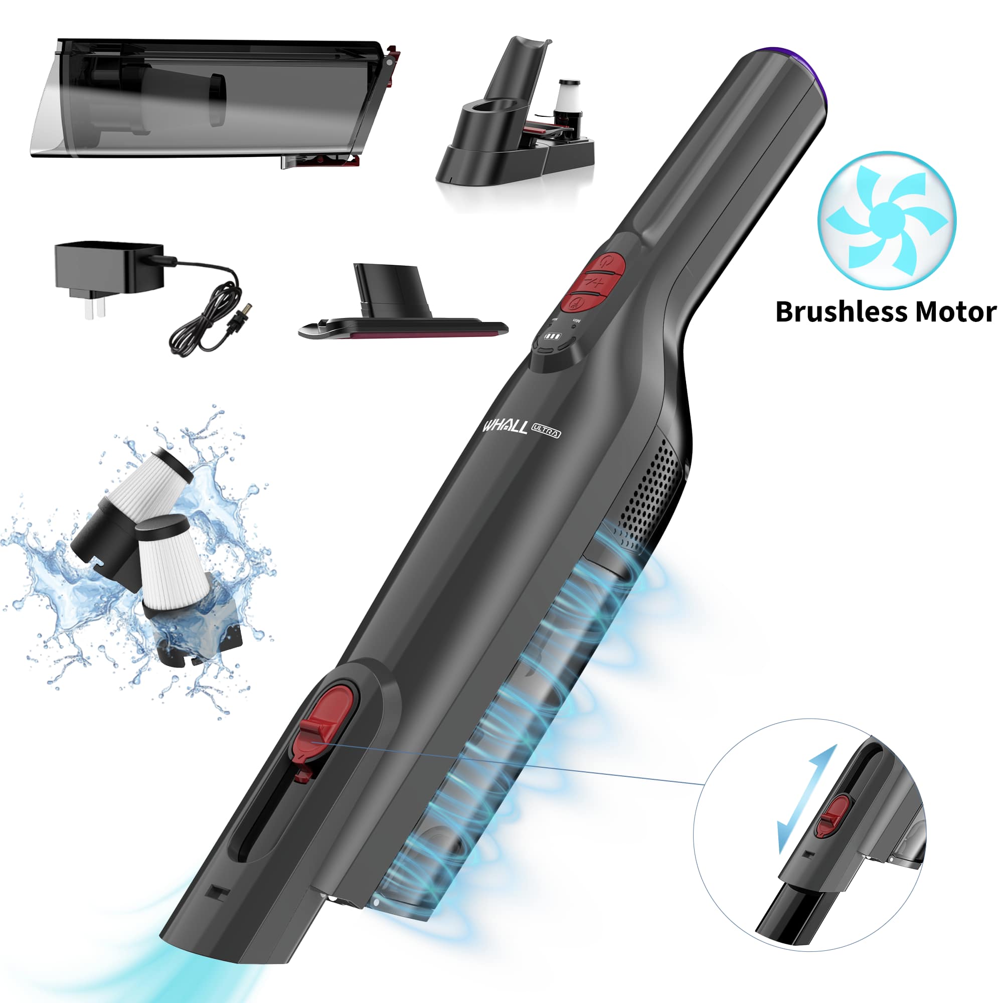 WHALL - Cordless Handheld Vacuum with Strong Suction, LED Light, Multi-Accessories, Fast Charging for Home, Car, Pet Hair - Gray