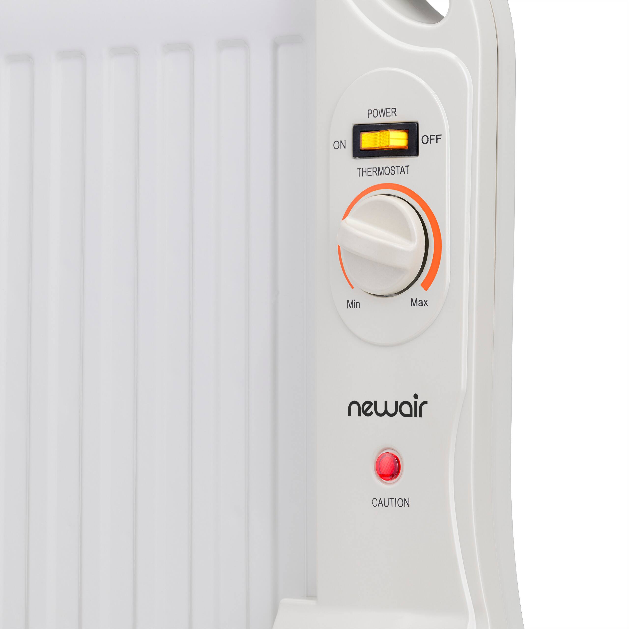 The text on the image reads: "POWER ON OFF THERMOSTAT Min Max newair CAUTION".