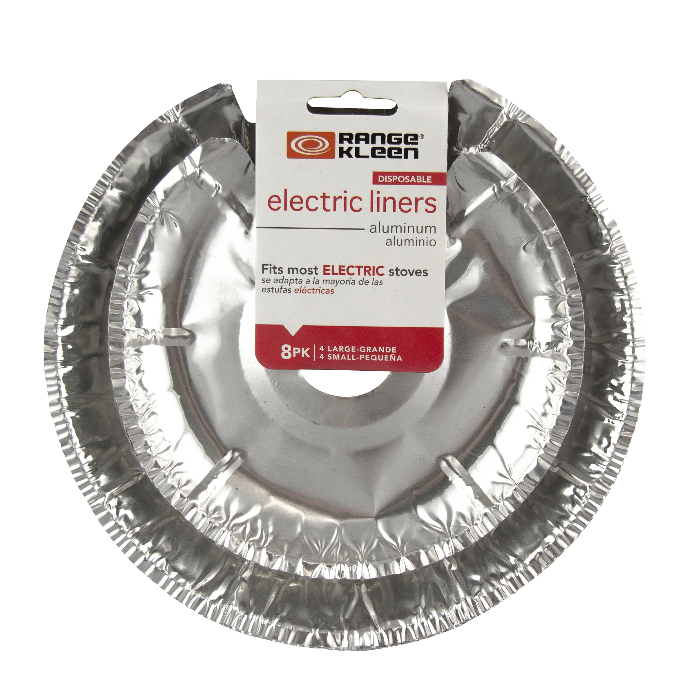 RANGE Kleen  
DISPOSABLE  
electric liners  
aluminum aluminio  
Fits most ELECTRIC stoves se adapta a la mayoría de las estufas eléctricas  
8PK | 4 LARGE-GRANDE | 4 SMALL-PEQUEÑA