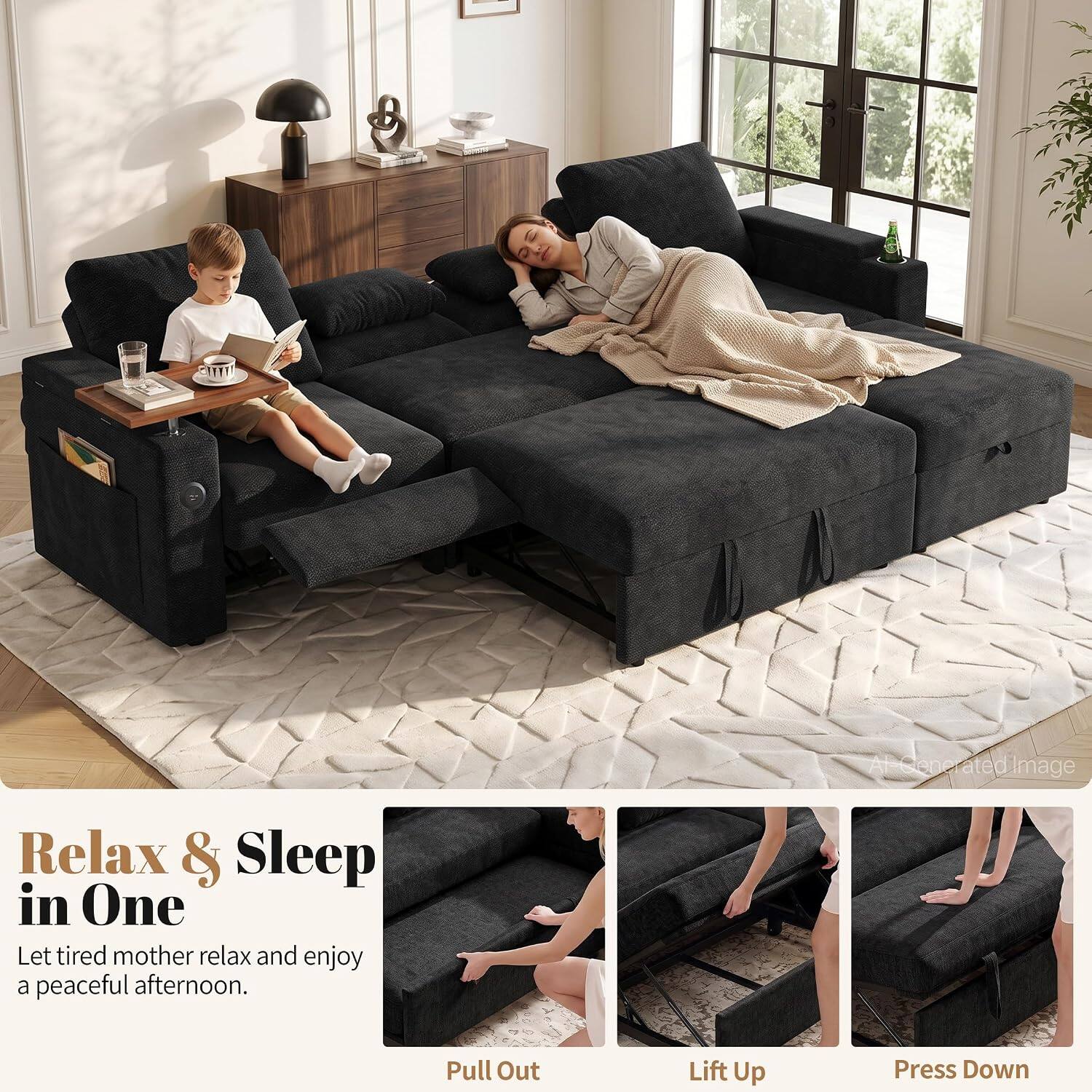 Relax & Sleep in One  
Let tired mother relax and enjoy a peaceful afternoon.  

Pull Out  
Lift Up  
Press Down