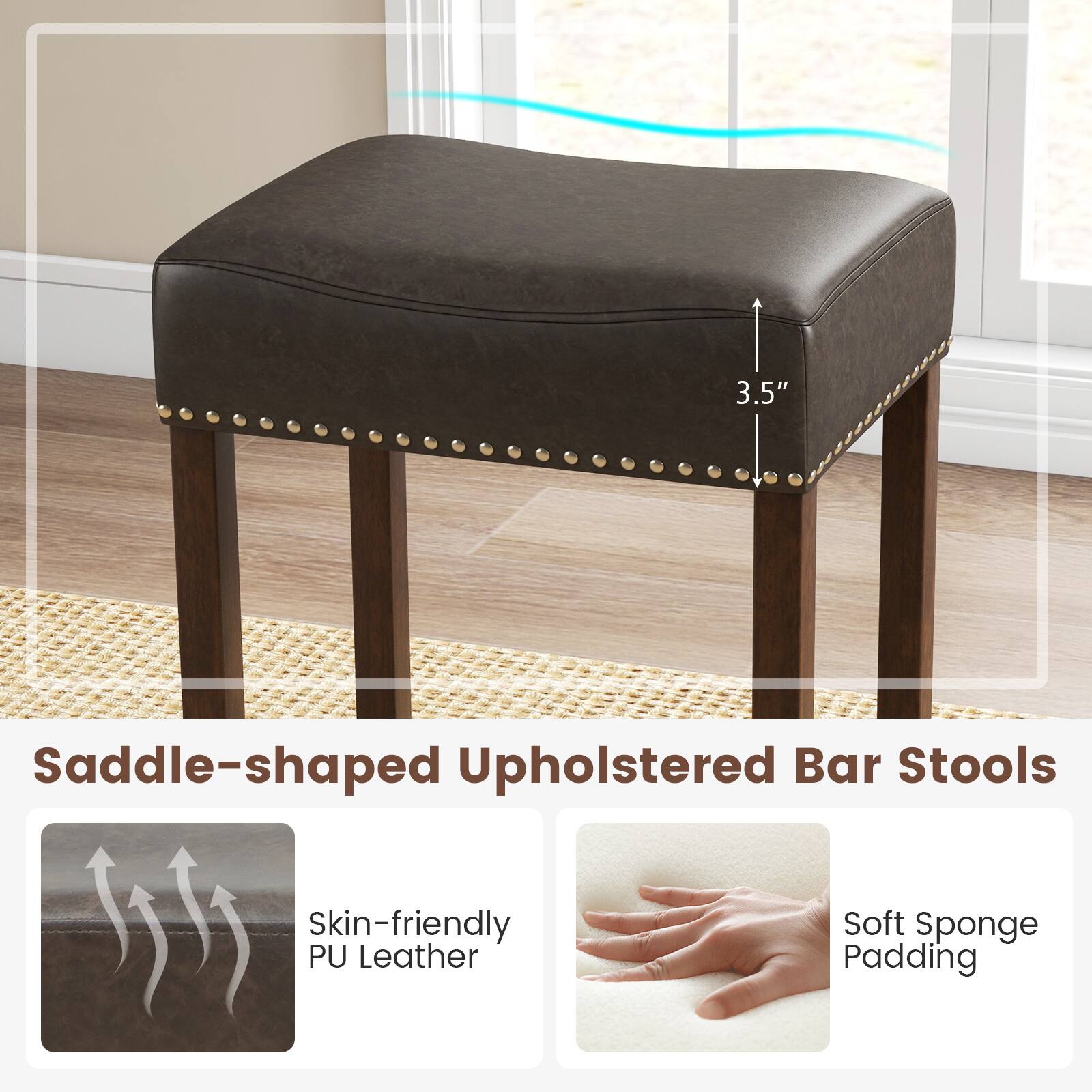 The text on the image is grouped and corrected as follows:

"3.5" Saddle-shaped Upholstered Bar Stools - Skin-friendly PU Leather - Soft Sponge Padding."