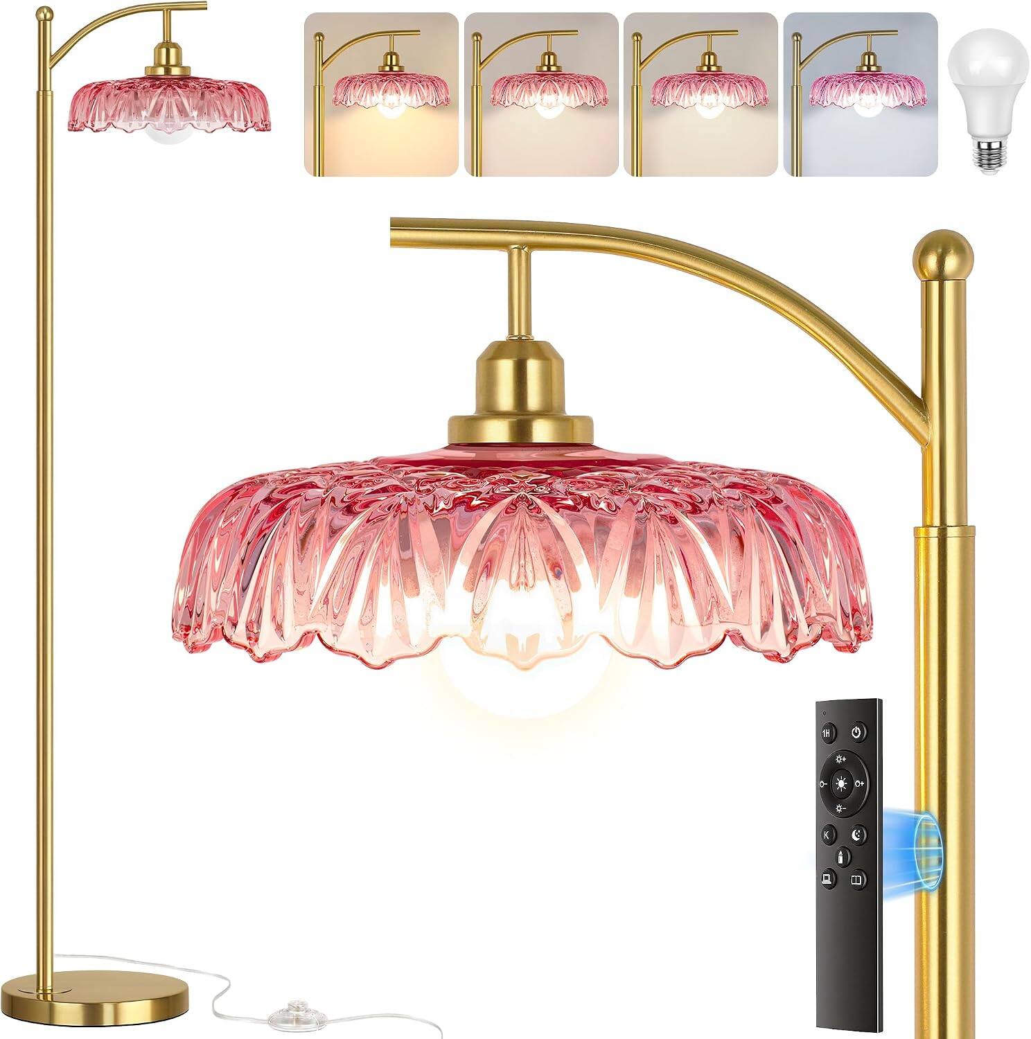 Front. partphoner - 68" Tall Lamp for Bedroom, Vintage Retro Antique Glass Flower Lamp - Pink.