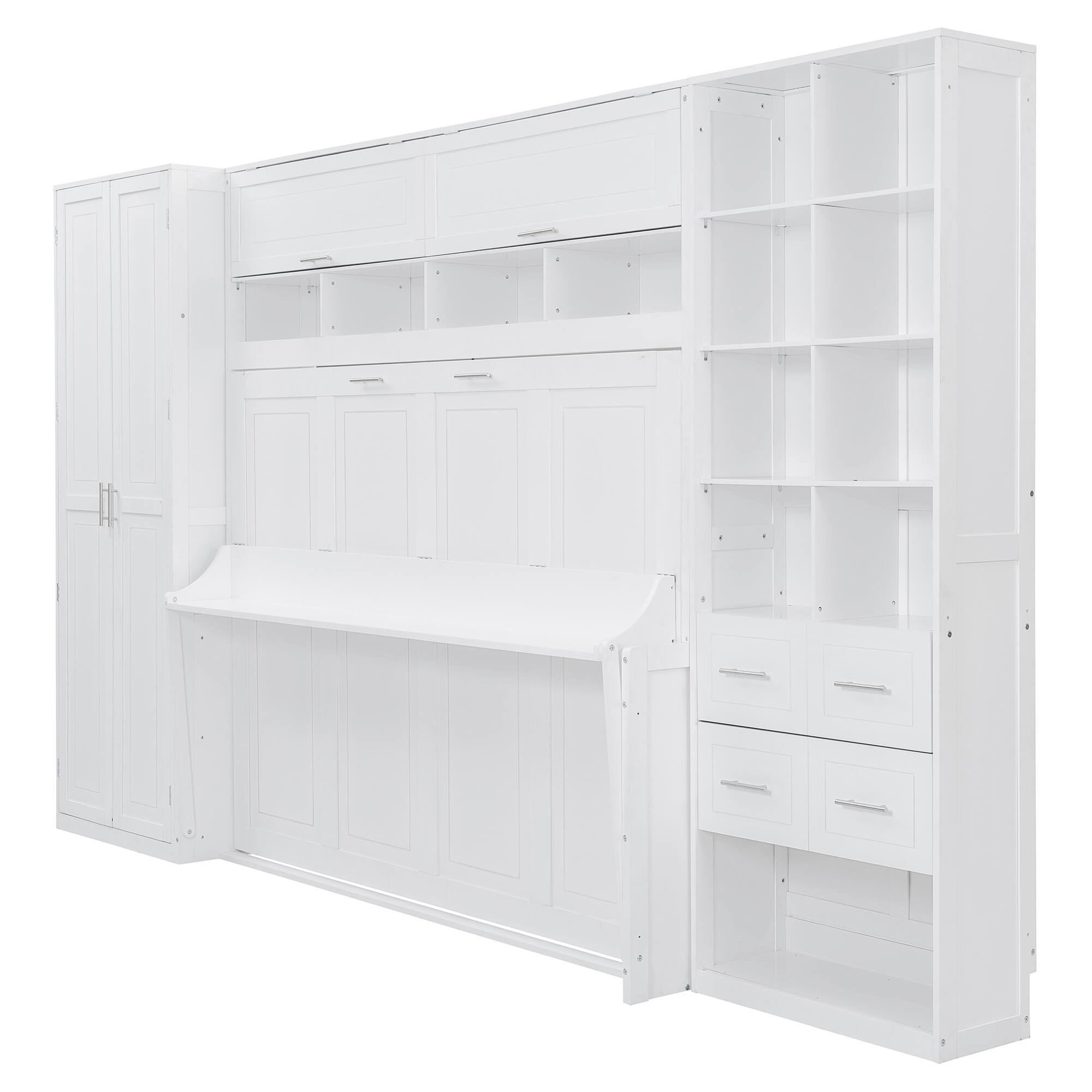 Back. Tiramisubest - Queen Size Murphy Bed with Closet, Drawers & Shelves, White, MDF+LVL, 151L x 65W x 91H, 459lbs - White.