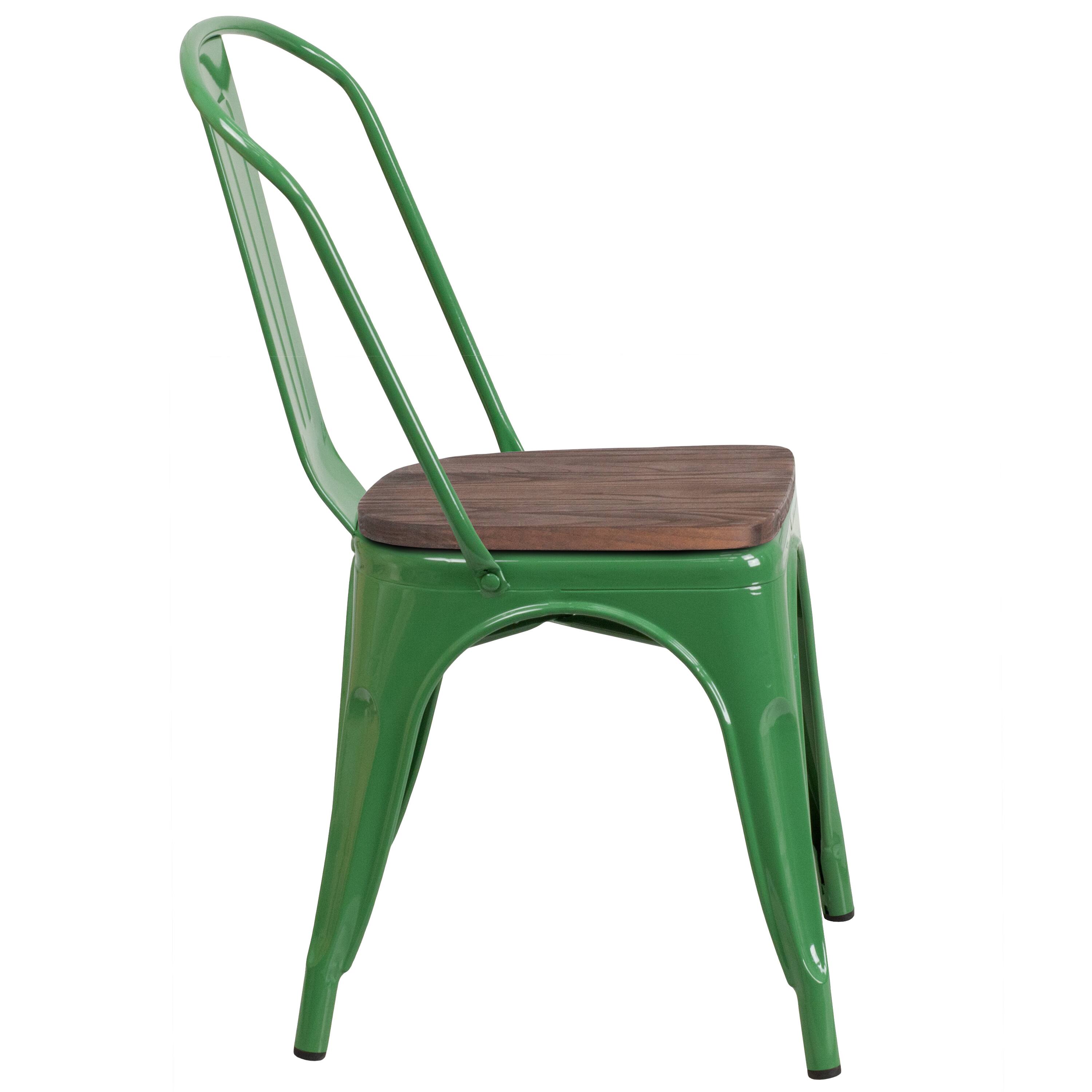 Alt View 4. Emma + Oliver - Colorful Metal Stackable Dining Chair with Wood Seat - Green.