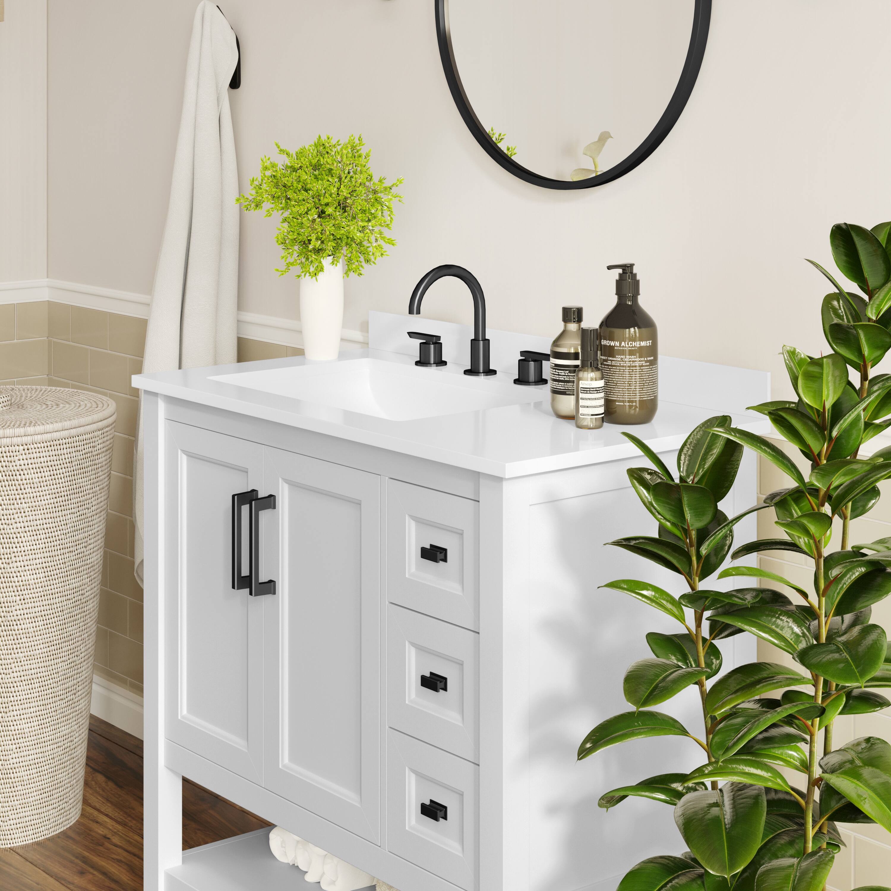 Alt View 3. Flash Furniture - Vega 36" Bathroom Vanity with Sink, Cabinet with Black Hardware, Soft Close Doors, Open Shelf & 3 Drawers, Carrara Marbl - White.