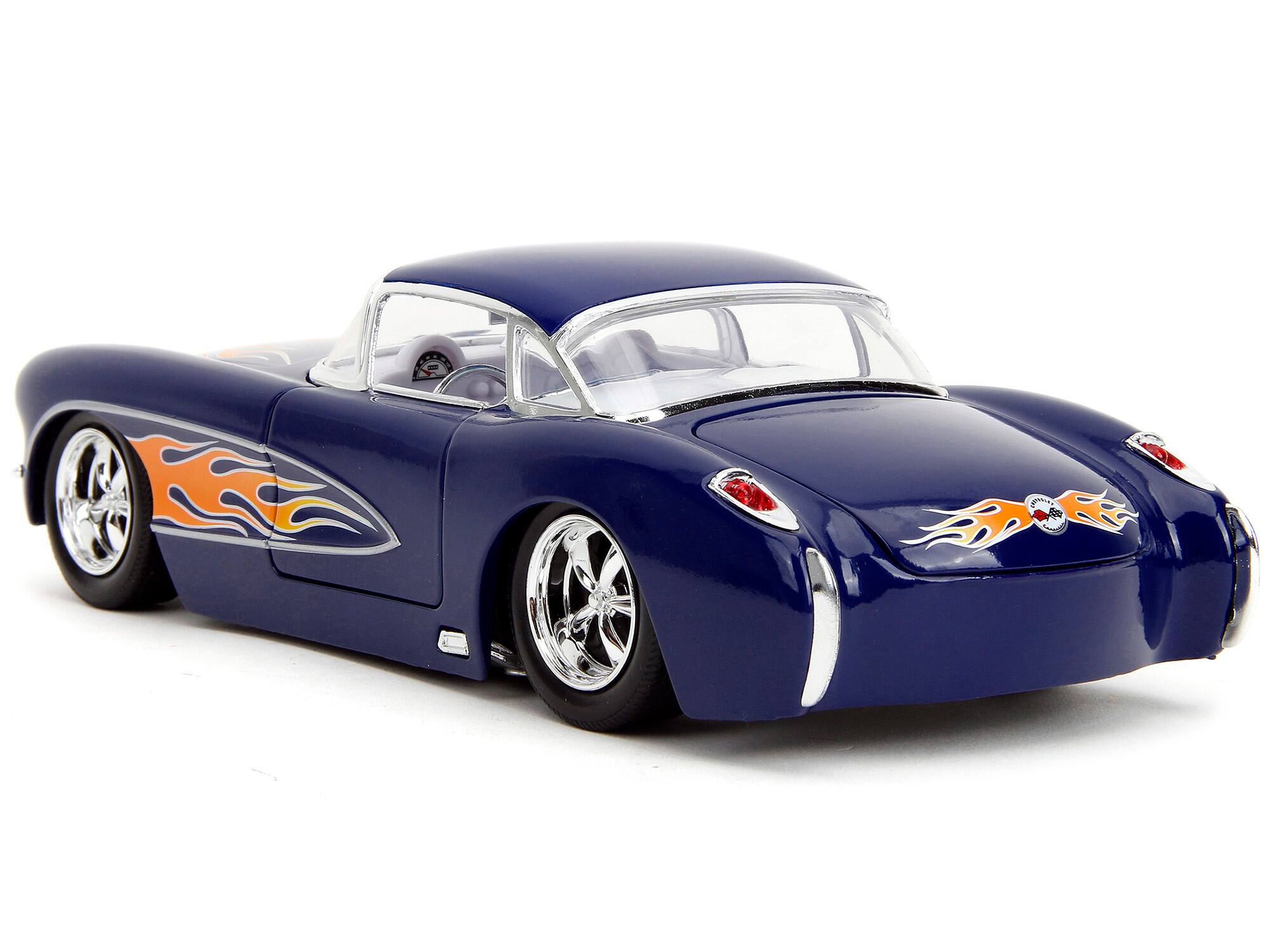 Alt View 5. Jada - 1957 Chevrolet Corvette Dark Blue with Flame Graphics and White Interior "Bigtime Muscle" Series 1/24 Model Car by Jada.