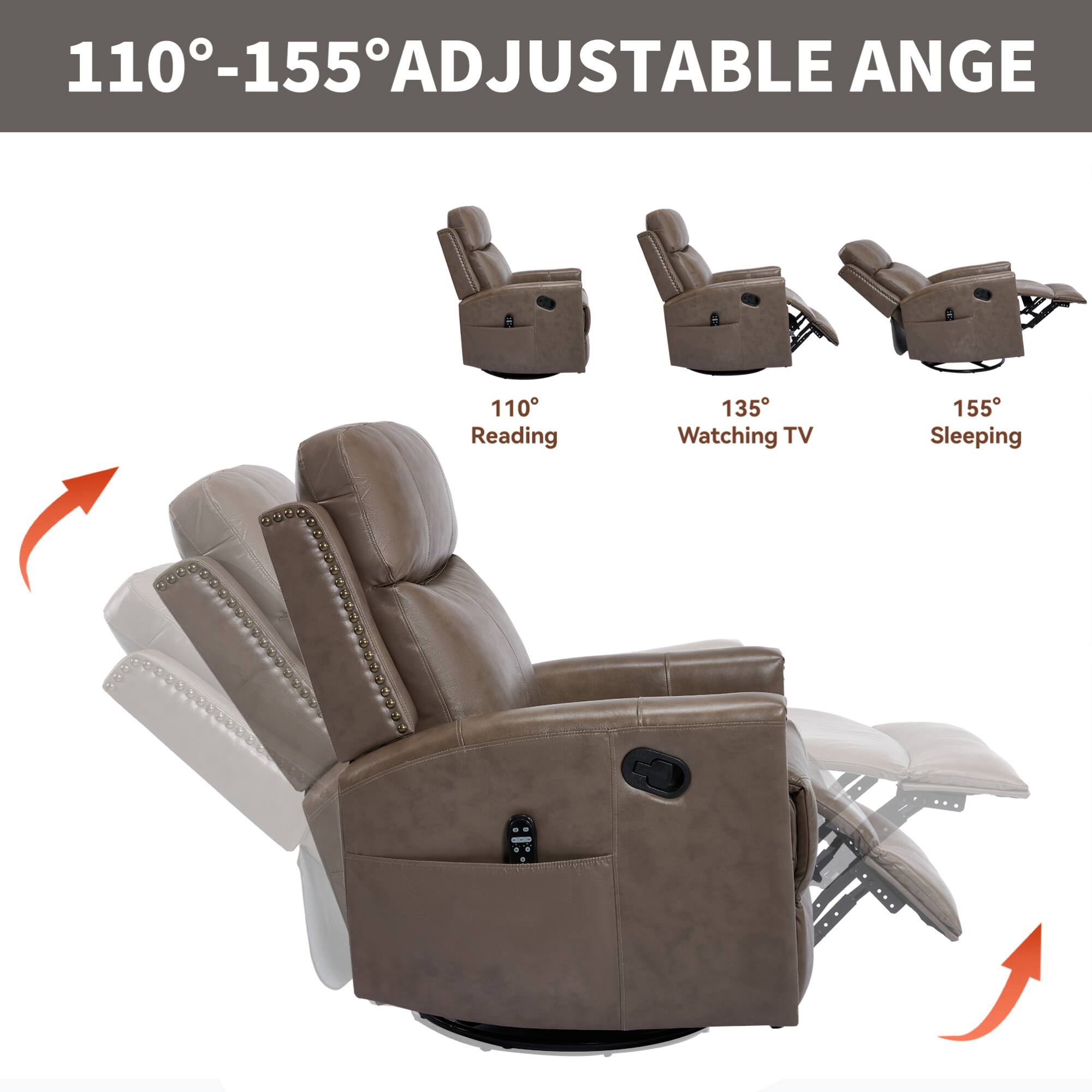 110°-155° ADJUSTABLE ANGLE

110° Reading  
135° Watching TV  
155° Sleeping