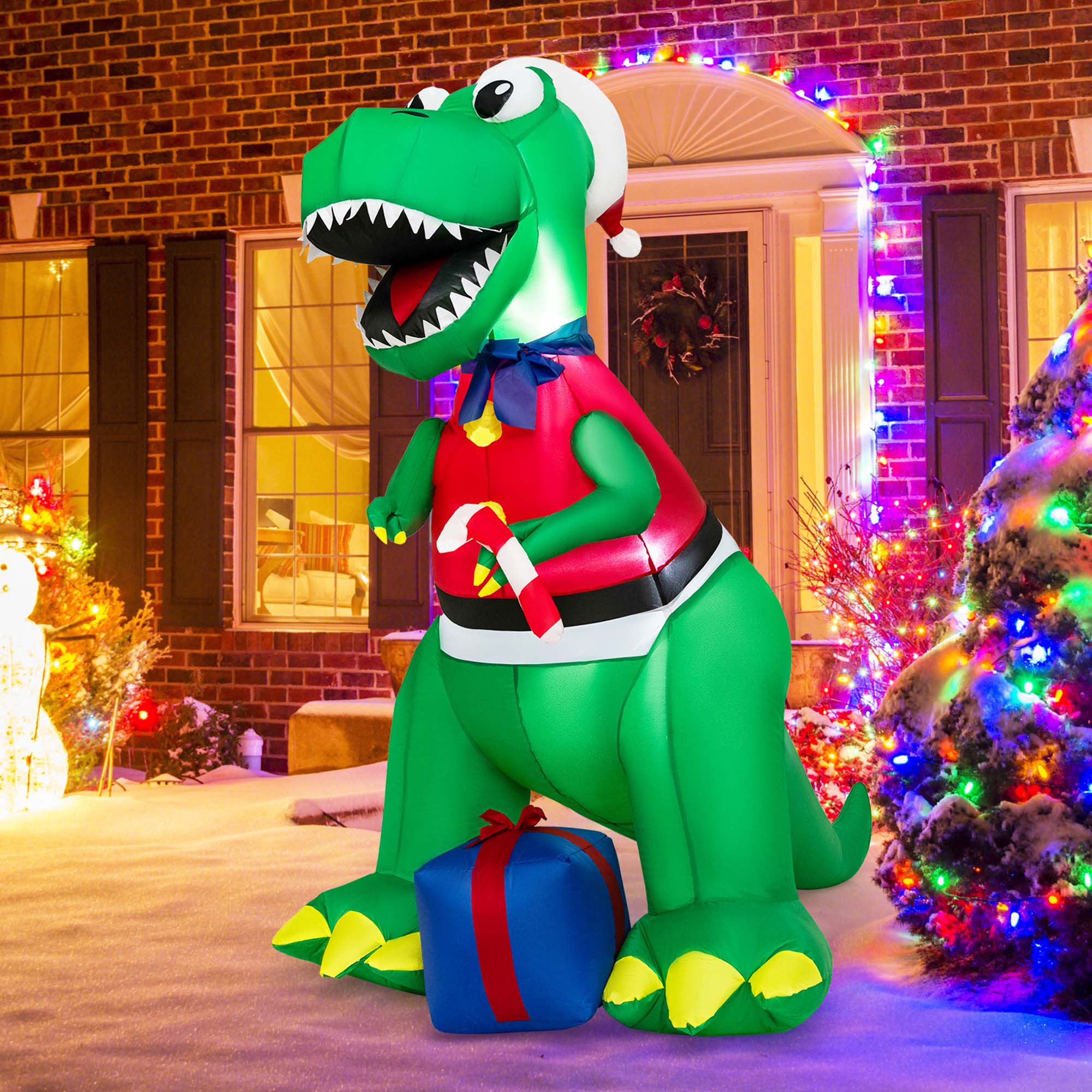 Alt View 2. Costway - 6FT Inflatable Christmas Dinosaur Dinosaur Decoration with LED Lights & Gift Box - Multicolor.