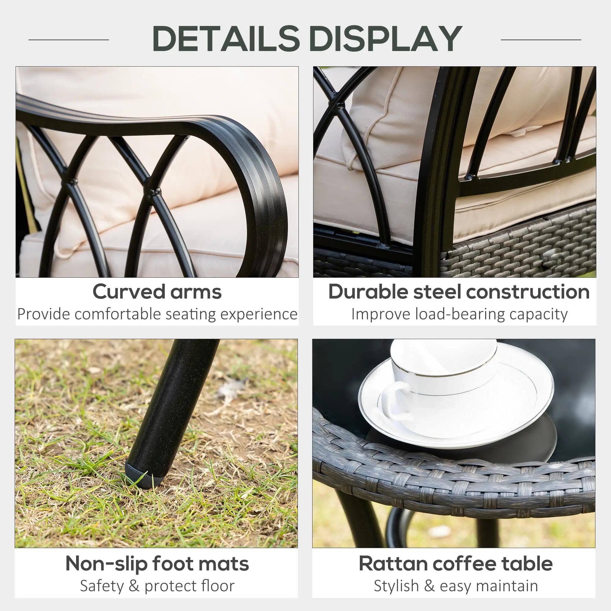Curved arms, Durable steel construction, Non-slip foot mats, Rattan coffee table