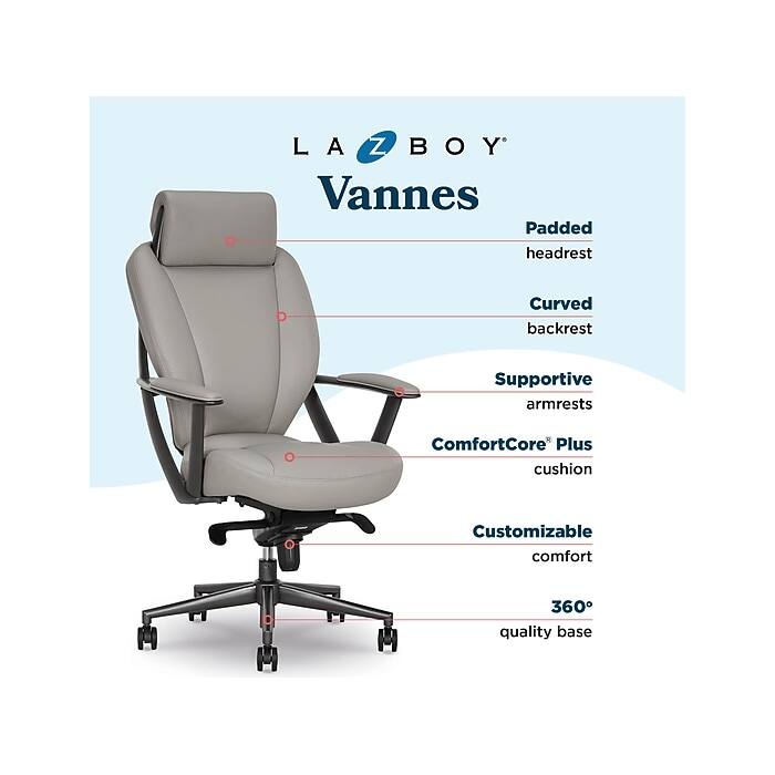 LA-Z-BOY Vannes  
- Padded headrest  
- Curved backrest  
- Supportive armrests  
- ComfortCore Plus cushion  
- Customizable comfort  
- 360° quality base