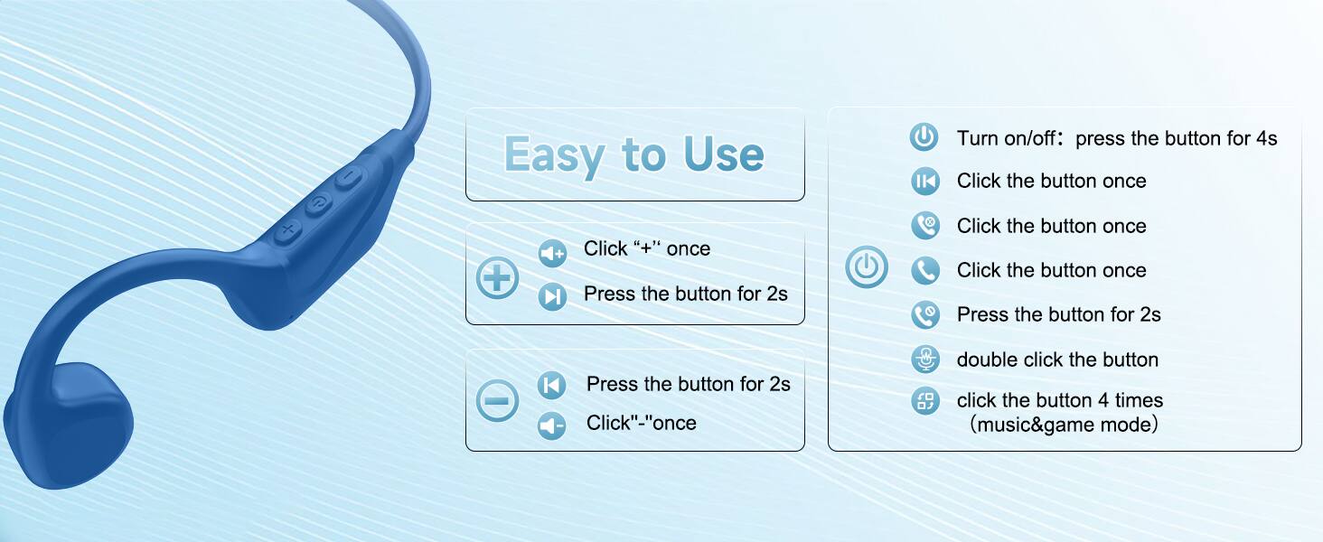 Easy to Use

- Click "+" once
- Press the button for 2s
- Press the button for 2s
- Click "-" once
- Turn on/off: press the button for 4s
- Click the button once
- Click the button once
- Click the button once
- Press the button for 2s
- Press the button for 2s
- Double click the button
- Click the button 4 times (music&game mode)