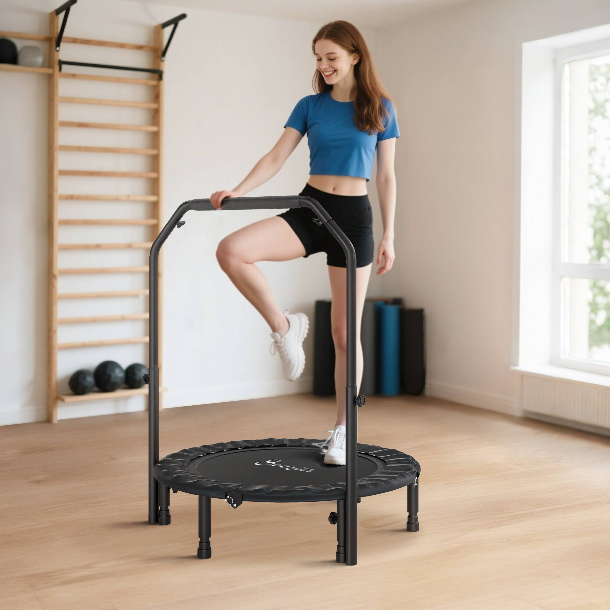 Alt View 1. Soozier - 40" Foldable Mini Trampoline, Rebounder Trampoline for Adults, Fitness Rebounder with Adjustable Foam Handle - Black.
