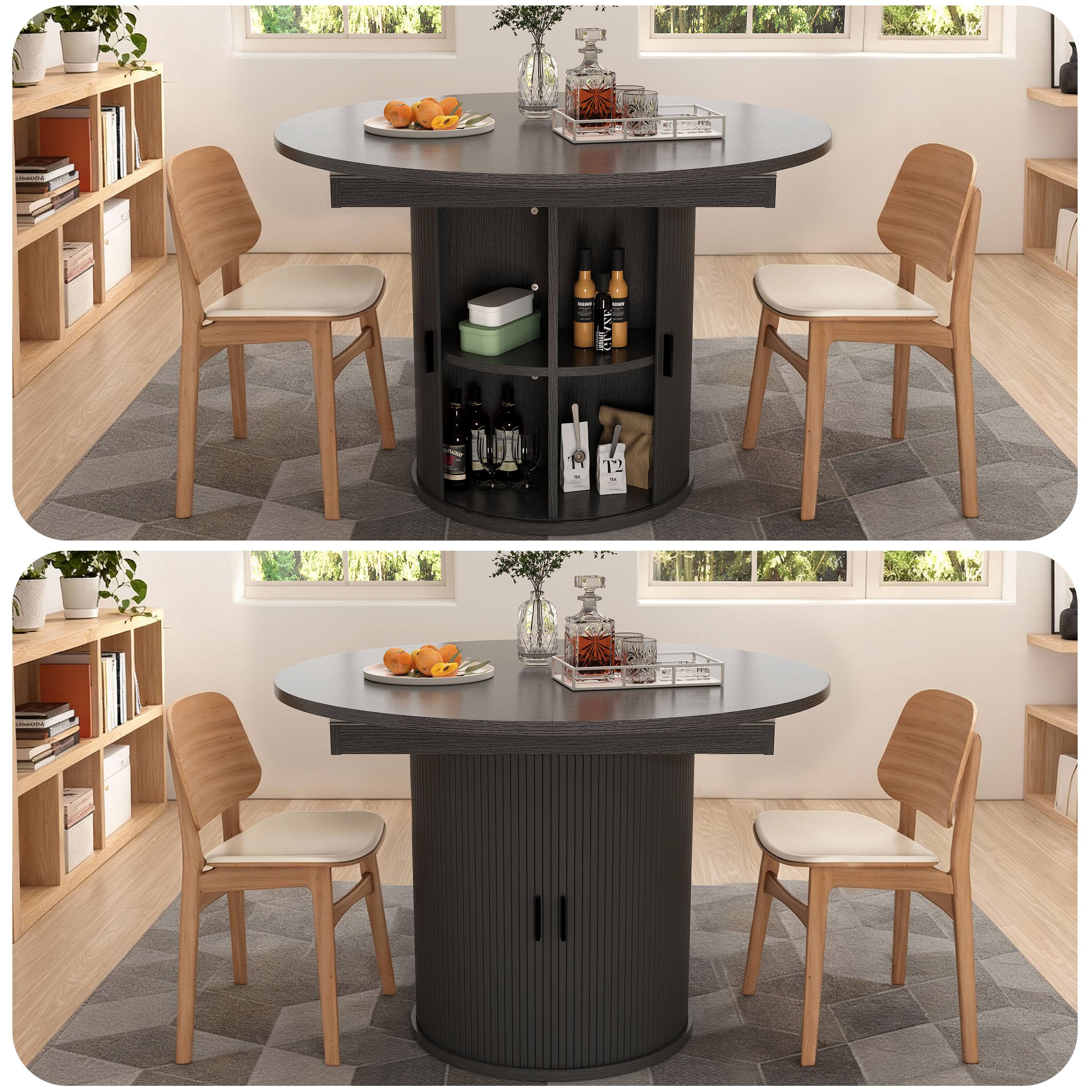 Alt View 2. Dyonery - Extendable Round Dining Table, 43-59 Inch Dining Room Kitchen Table with 2-Tier Storage Shelf With base，wood tabletop - Black.