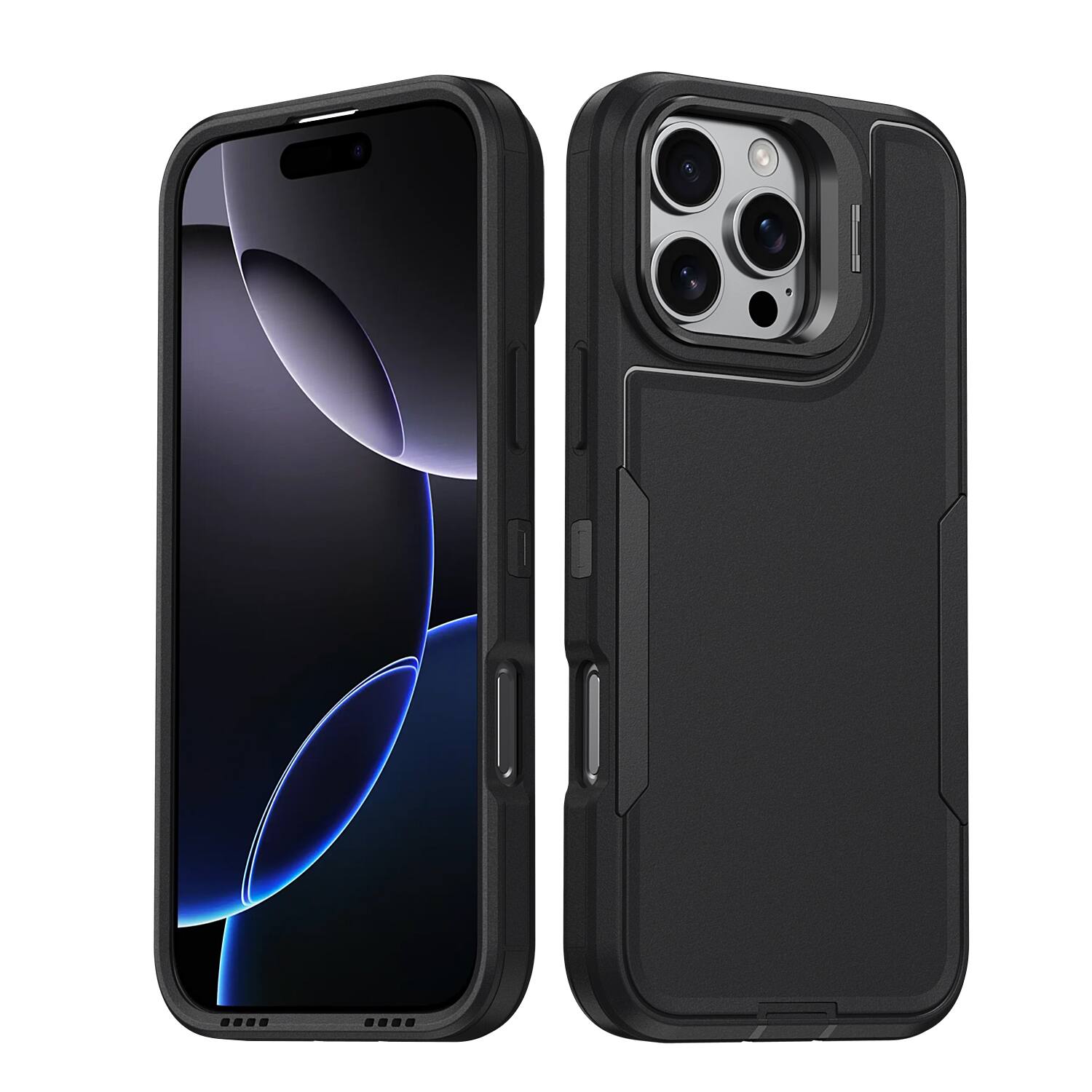 Angle. Dteck - For Apple iPhone 16 Pro Max Rugged Case, Heavy Duty Dual Layer Shockproof Lens Kickstand Drop Protection Cover - Black.
