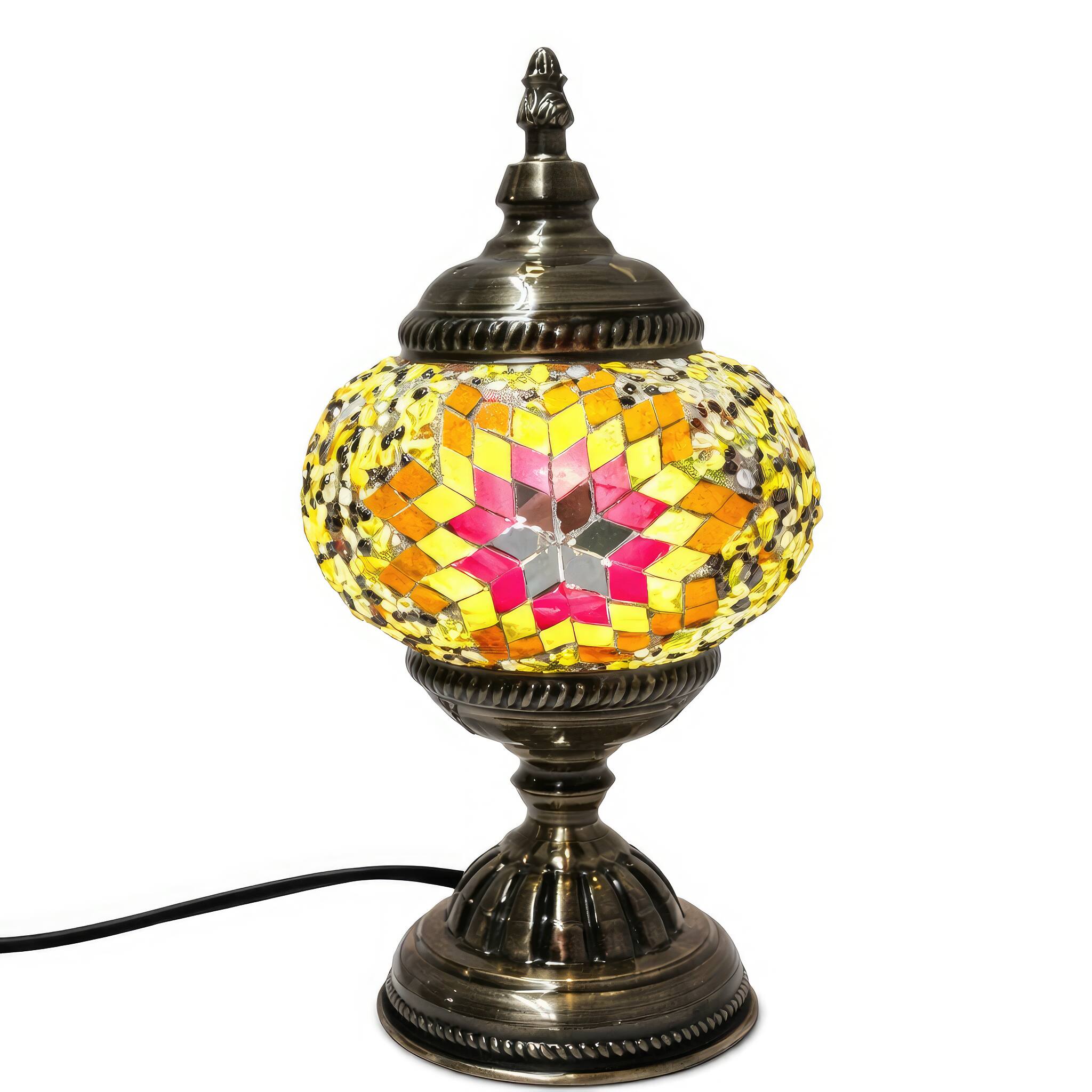 Angle. FC Design - 11"H Bronze Base Elegant Globe Yellow–Red Flowery Mosaic Turkish Lamp.