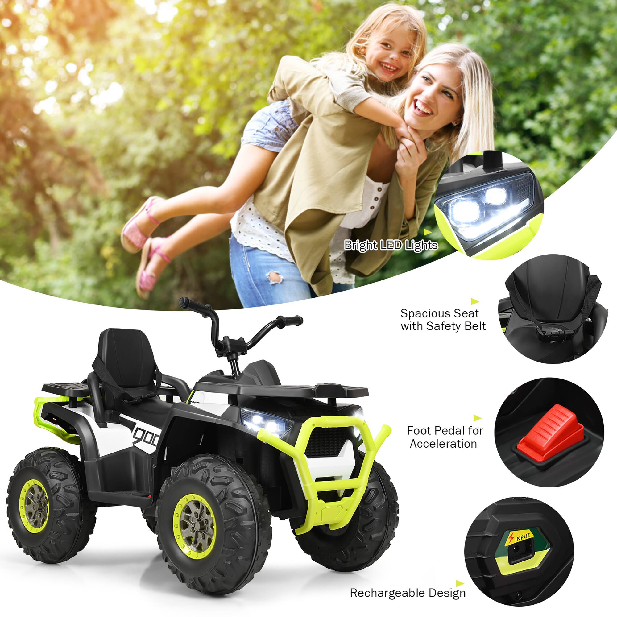 - Bright LED Lights
- Spacious Seat with Safety Belt
- Foot Pedal for Acceleration
- Rechargeable Design