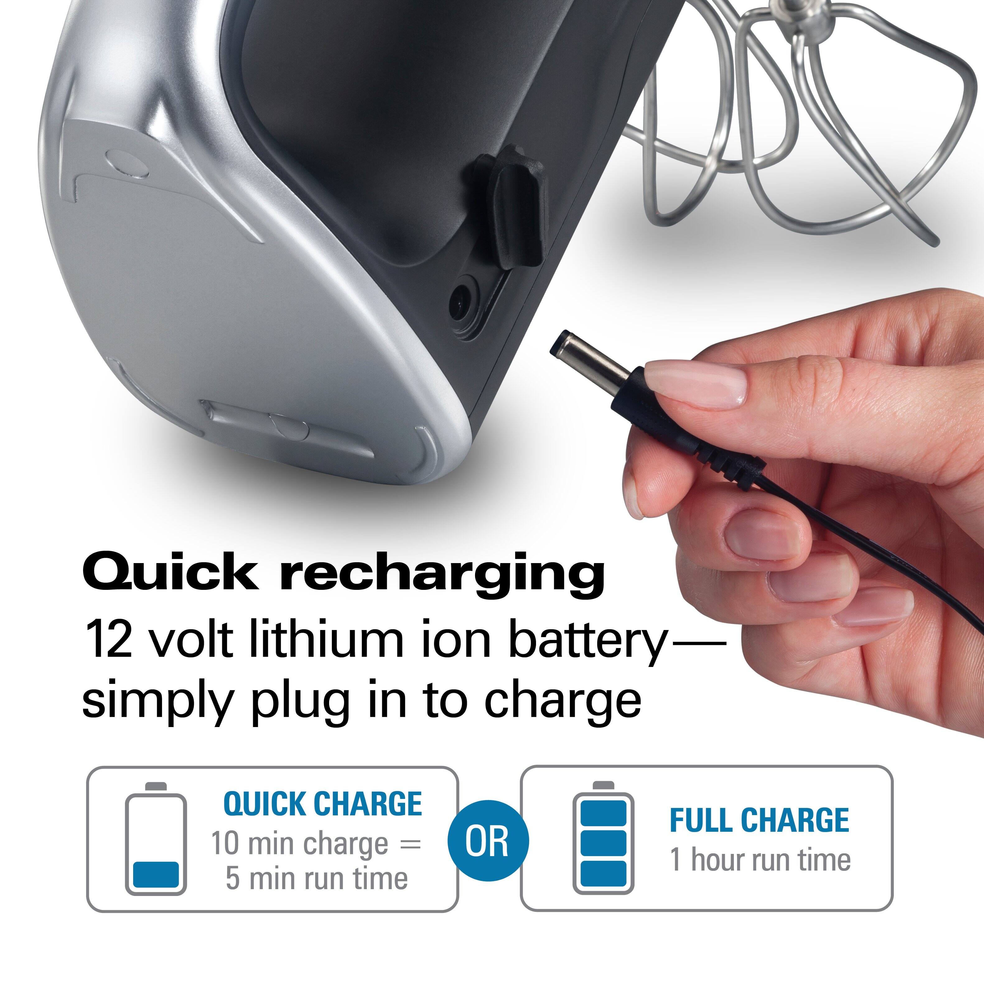 Quick recharging 12 volt lithium ion battery— simply plug in to charge

QUICK CHARGE
10 min charge = 5 min run time

OR

FULL CHARGE
1 hour run time
