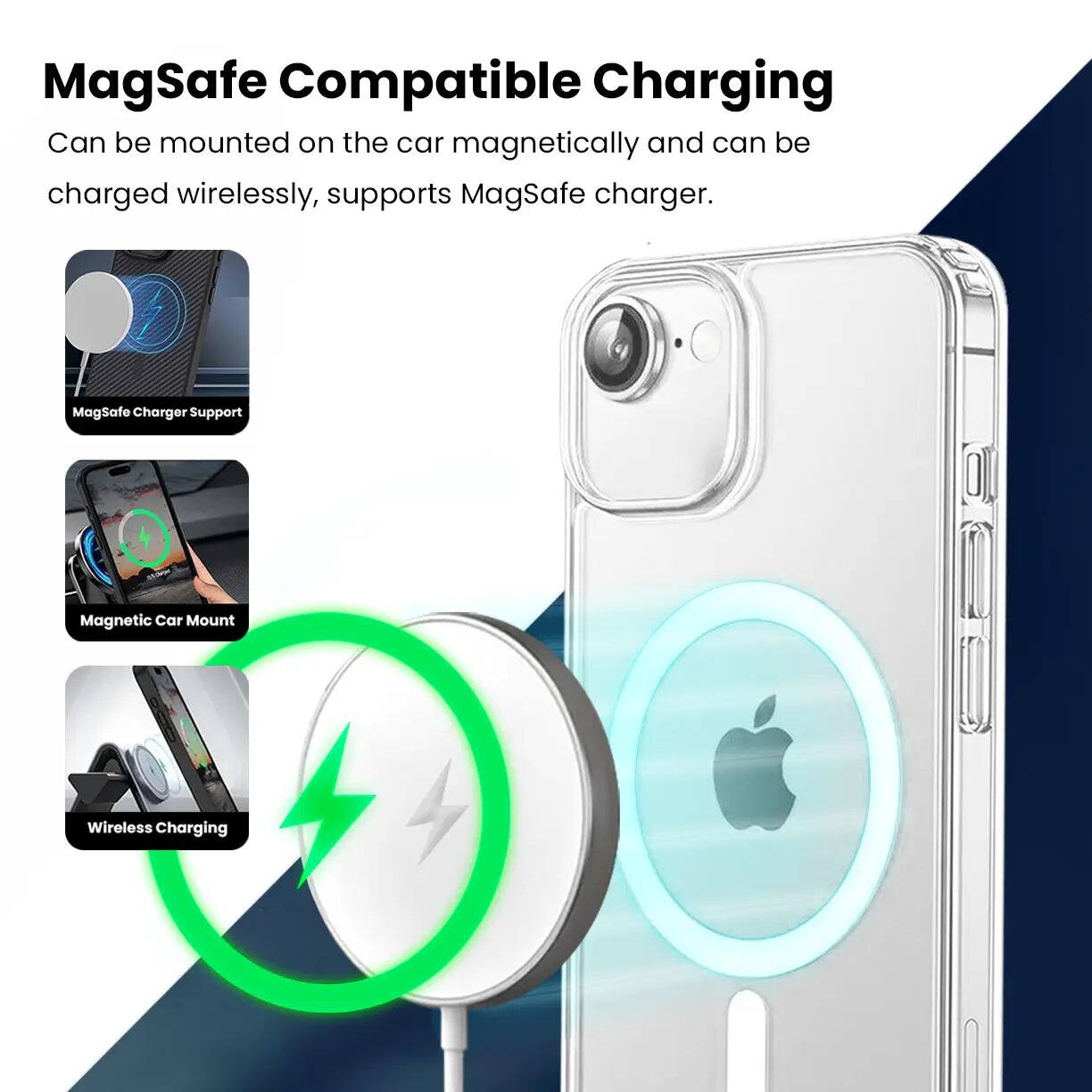MagSafe Compatible Charging  
Can be mounted on the car magnetically and can be charged wirelessly, supports MagSafe charger.  

MagSafe Charger Support  
Magnetic Car Mount  
Wireless Charging