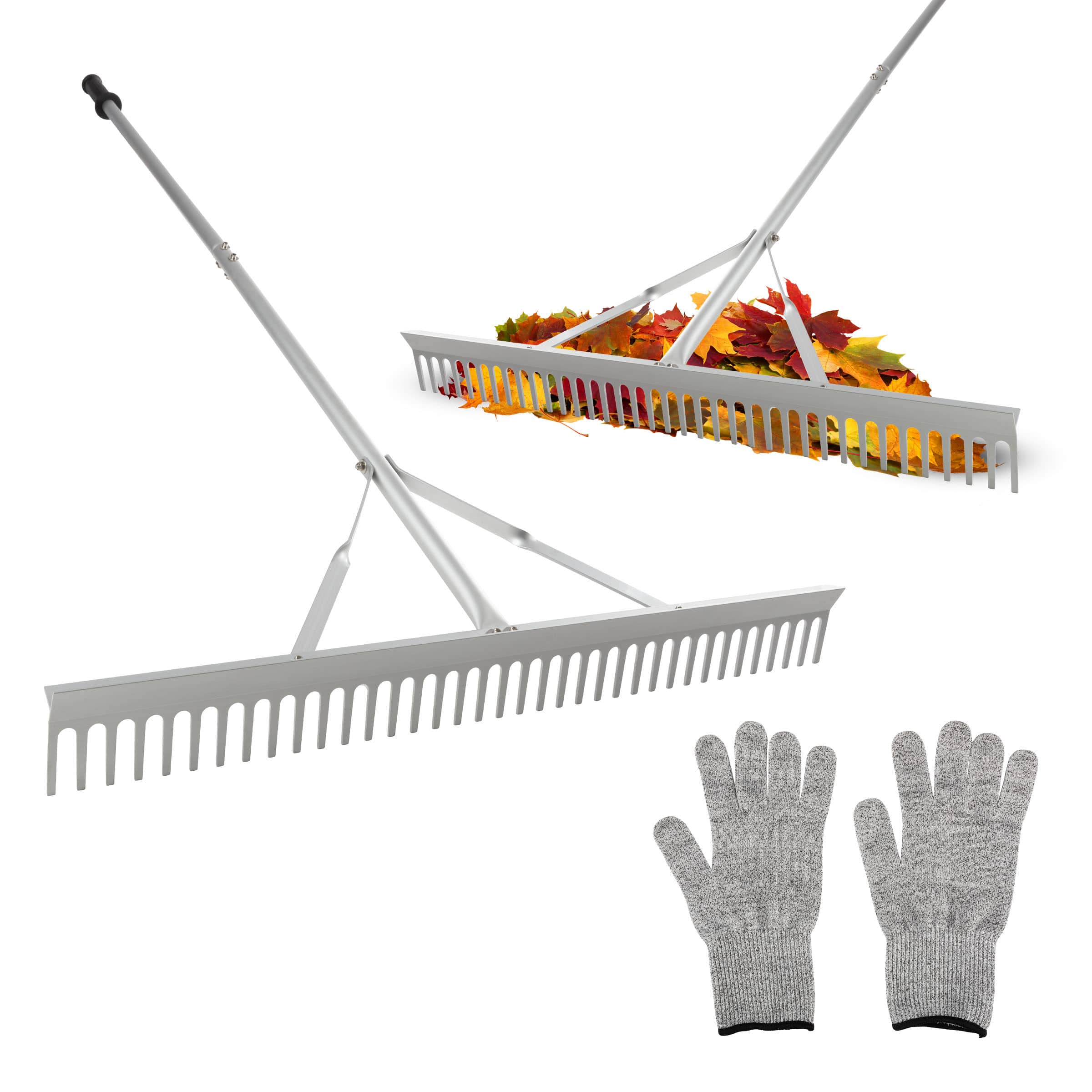 Pure Garden - Landscape Rake 36-Inch Head Aluminum Metal Rake and Protective Gloves for Lawn Care, Leaves, Pools, Leveling and Weeding