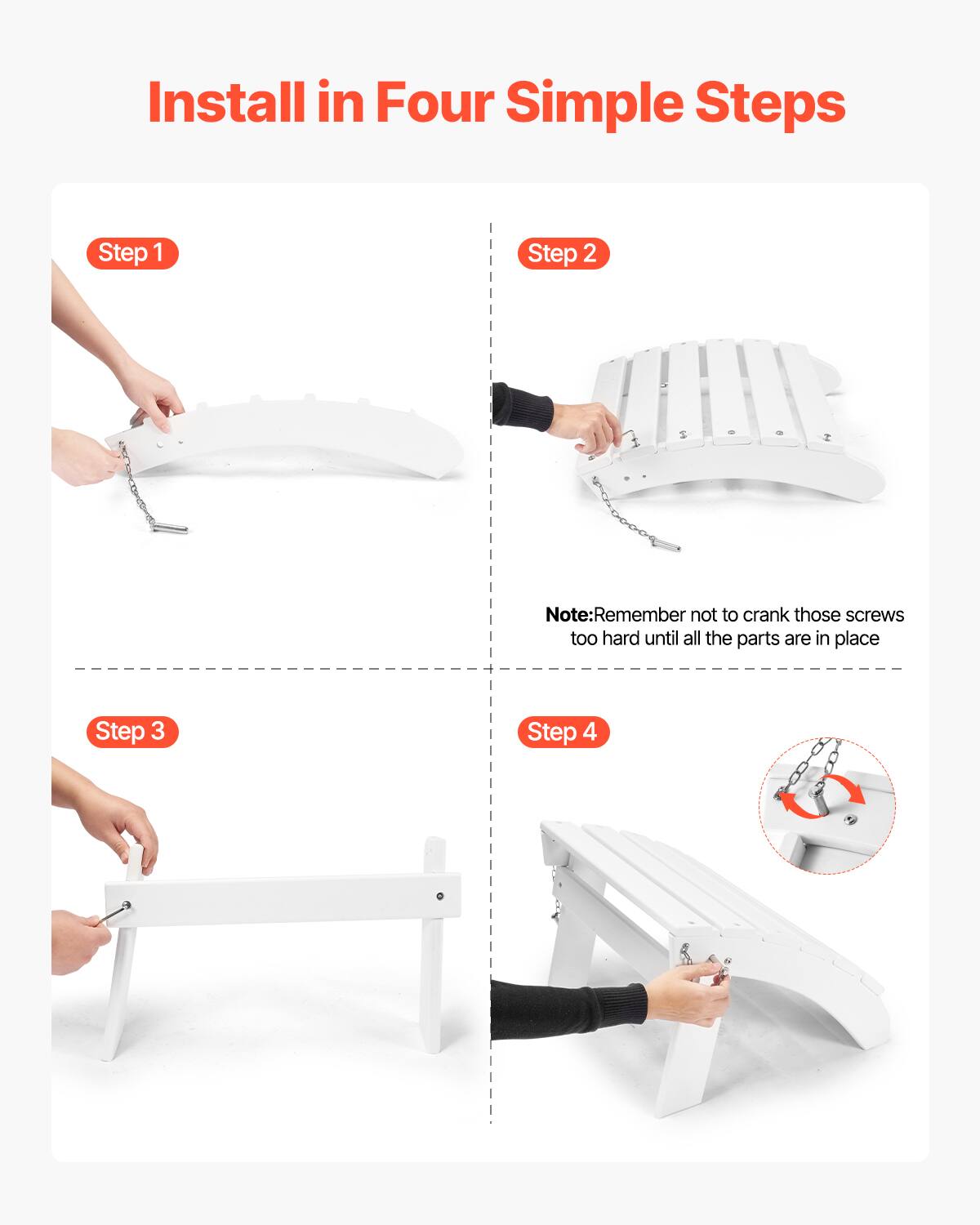 Install in Four Simple Steps

Step 1

Step 2

Note: Remember not to crank those screws too hard until all the parts are in place

Step 3

Step 4