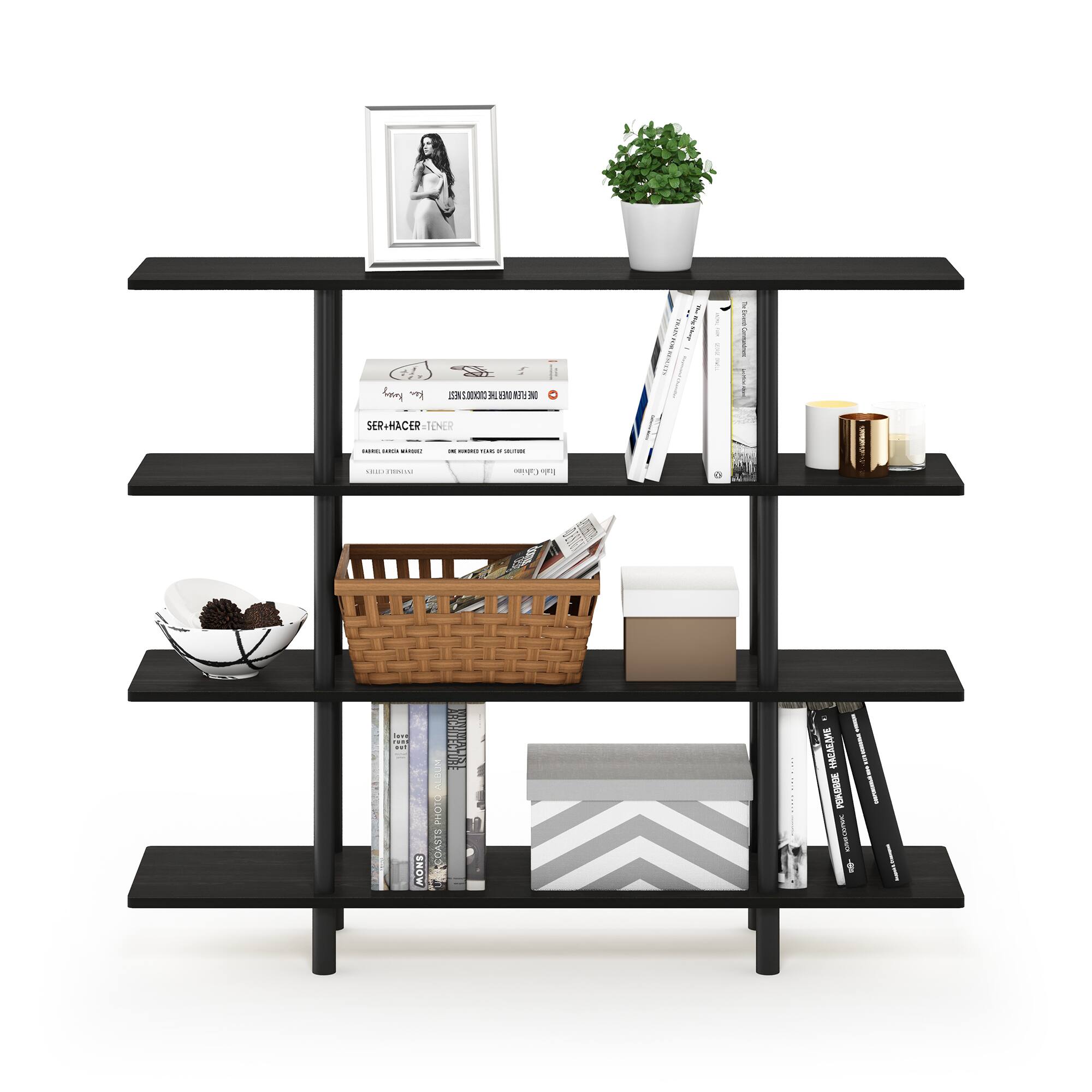 Sure, here is the corrected and grouped text from the image:

---

**Top Shelf:**
- (Image of a person)

**Second Shelf:**
- SER HACER TENER
- (Text on the magazine cover is not fully legible)

**Third Shelf:**
- (Books and magazines, titles not fully legible)

**Fourth Shelf:**
- (Books and magazines, titles not fully legible)

**Bottom Shelf:**
- (Books and magazines, titles not fully legible)

---

The text "SER HACER TENER" is clearly visible on the magazine cover on the second shelf. The rest of the text is either partially obscured or not fully legible.