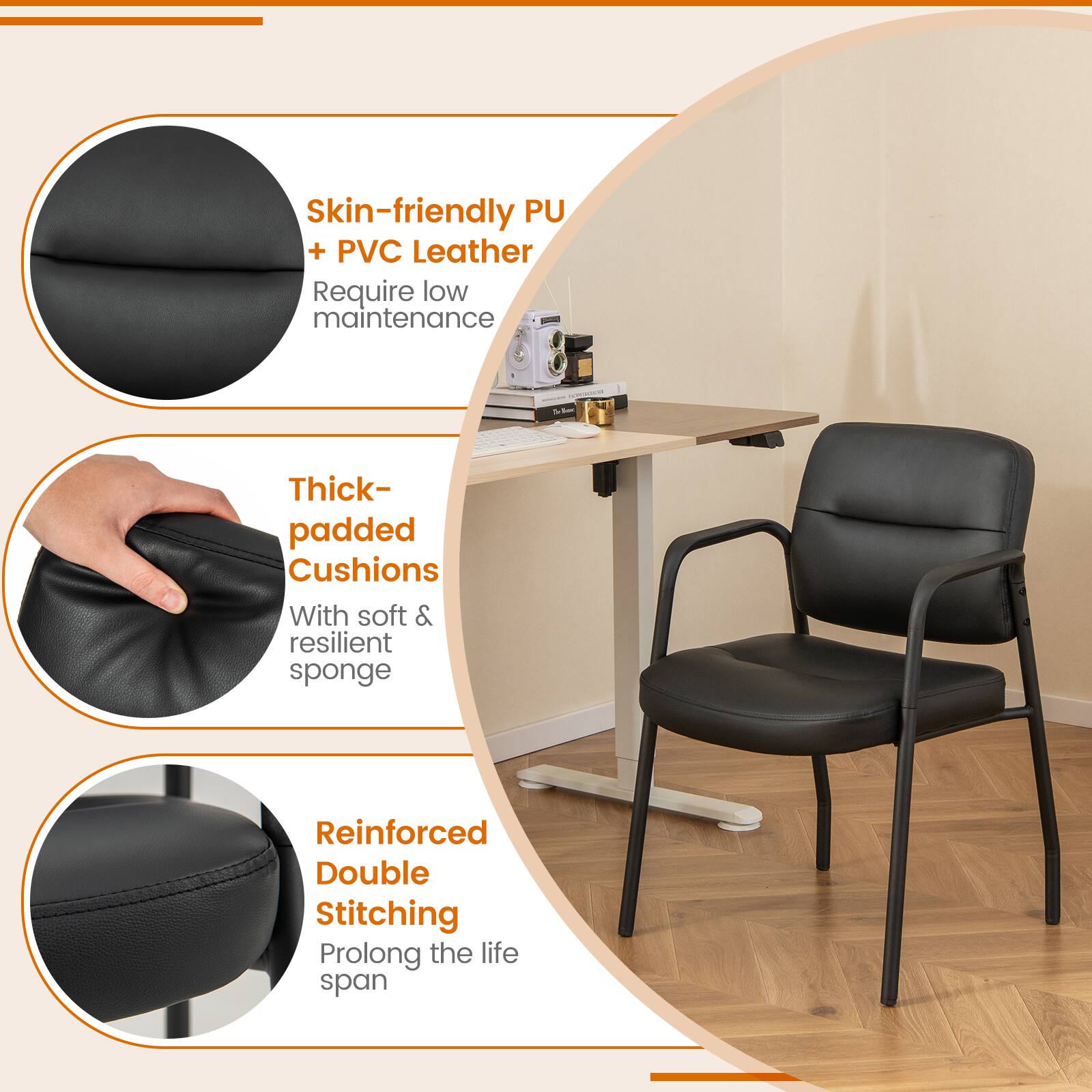 The text on the image is grouped and corrected as follows:

1. Skin-friendly PU + PVC Leather: This feature indicates that the chair's leather is made from a combination of polyurethane (PU) and polyvinyl chloride (PVC) materials, which are known for their durability and resistance to wear.

2. Require low maintenance: This suggests that the chair is designed to be easy to clean and maintain, making it a practical choice for daily use.

3. Thick-padded Cushions: The chair has thick, padded cushions that provide comfort and support for the user.

4. With soft & resilient sponge: The cushions are filled with a soft and resilient sponge, which adds to the overall comfort and support of the chair.

5. Reinforced Double Stitching: The chair's construction includes reinforced double stitching, which helps to prolong the life span of the chair by providing additional strength and durability.