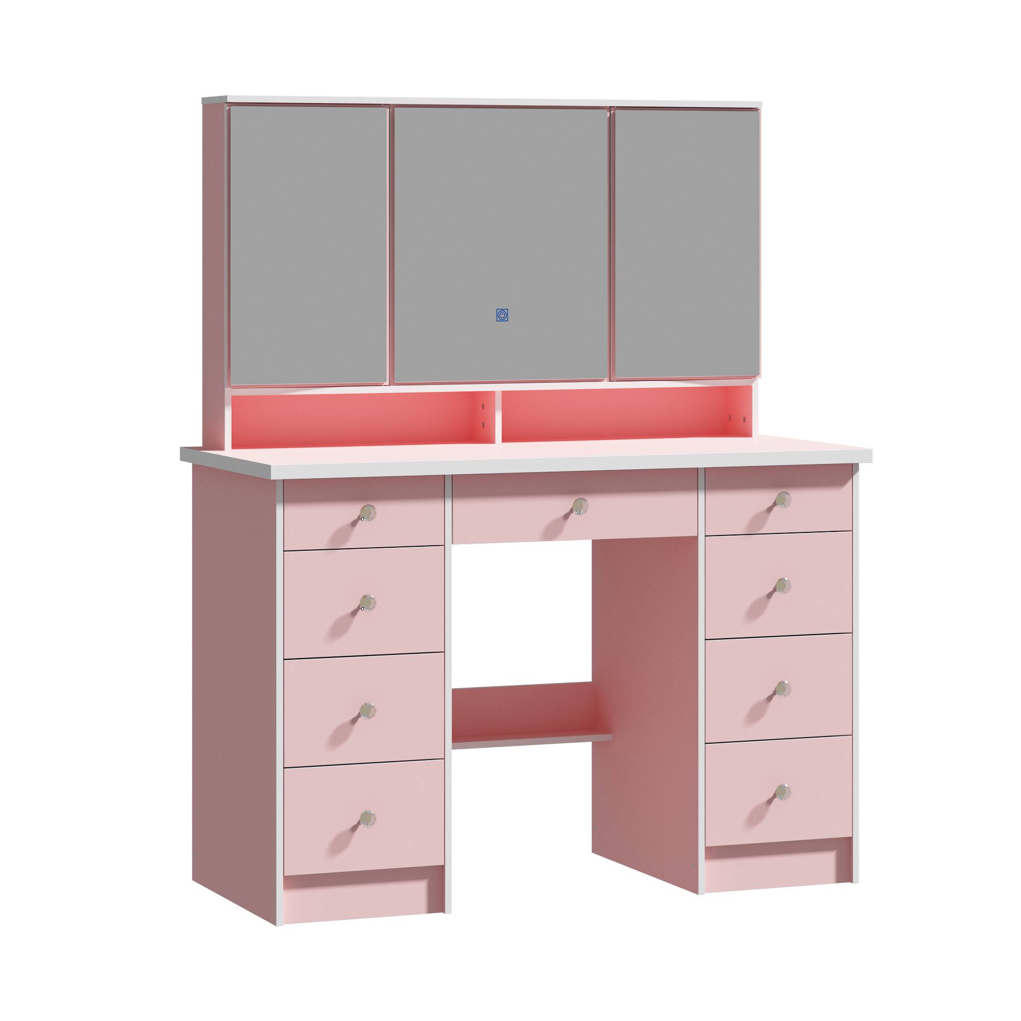 Angle. Famapy - Princess - Style Smart Vanity Table with Lighted Mirror - Your Ideal Makeup Station - Pink.