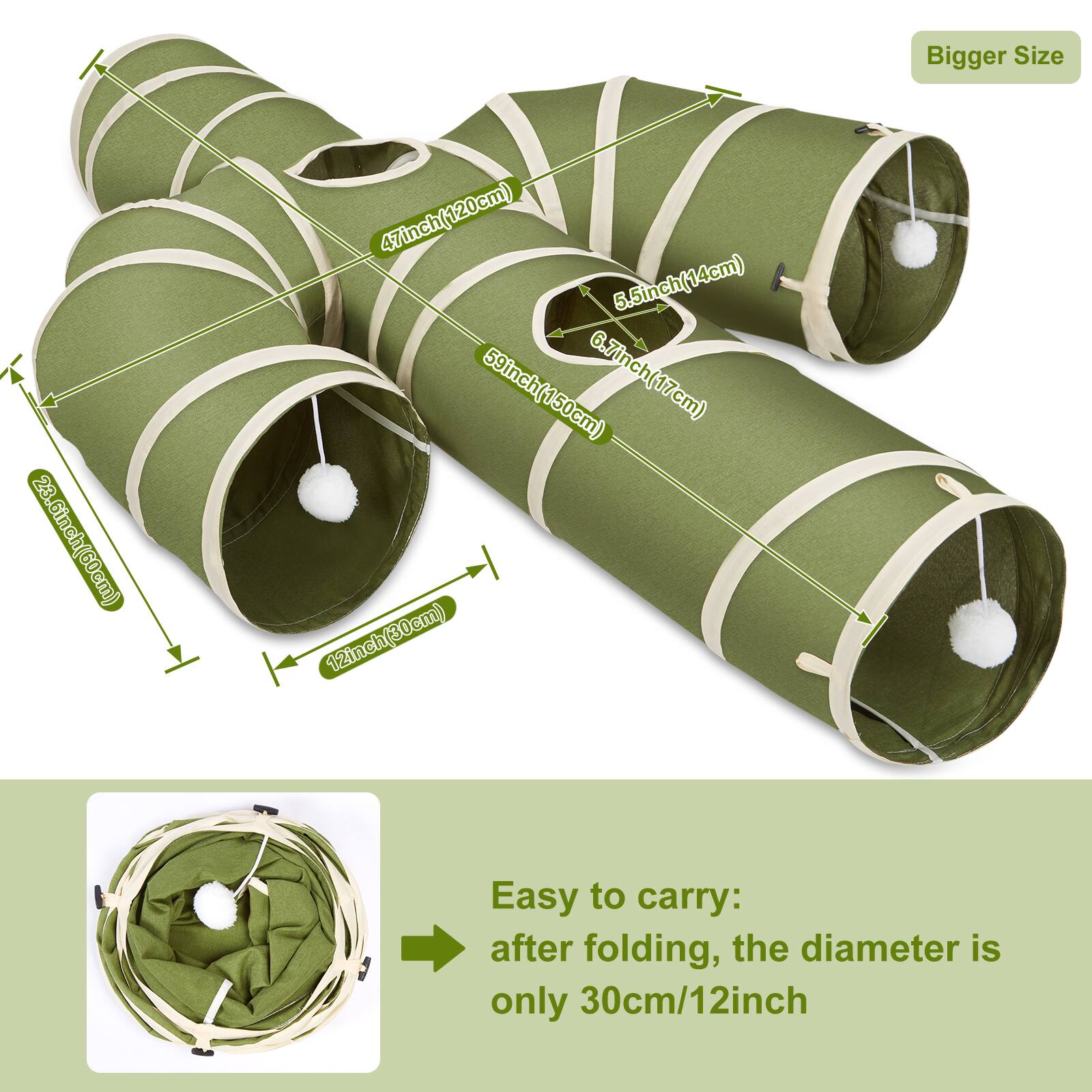 Bigger Size

- 23.6 inch (60 cm)
- 47 inch (120 cm)
- 5.5 inch (14 cm)
- 6.7 inch (17 cm)
- 59 inch (150 cm)
- 12 inch (30 cm)

Easy to carry: after folding, the diameter is only 30 cm/12 inch