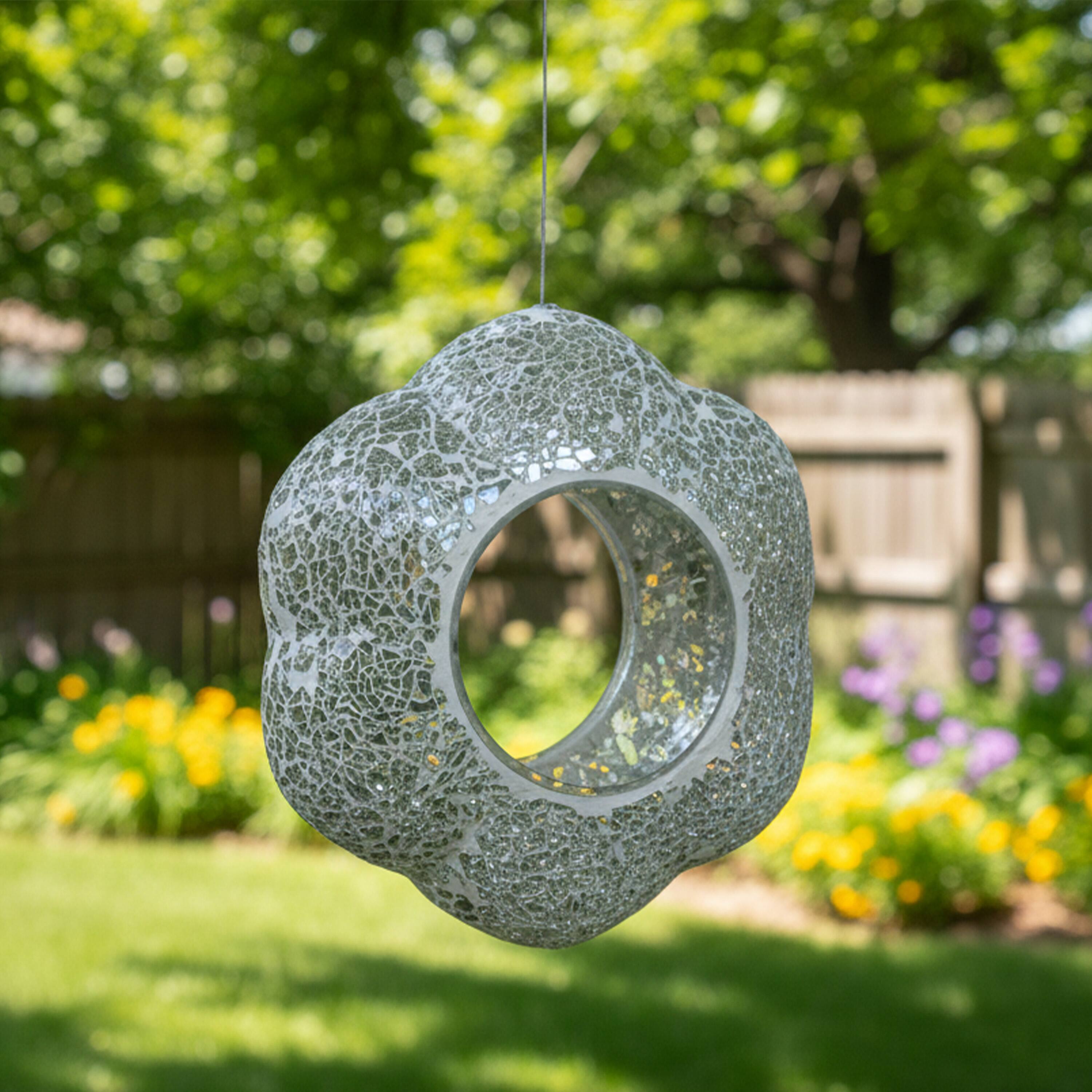 Alt View 1. Sunnydaze - Glass Fly-Through Hanging Bird Feeder - 10 in - Mirrored Diamond Flower.