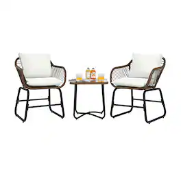 Costway - 3PCS Patio Rattan Bistro Set Cushioned Chair Glass Table Deck - White