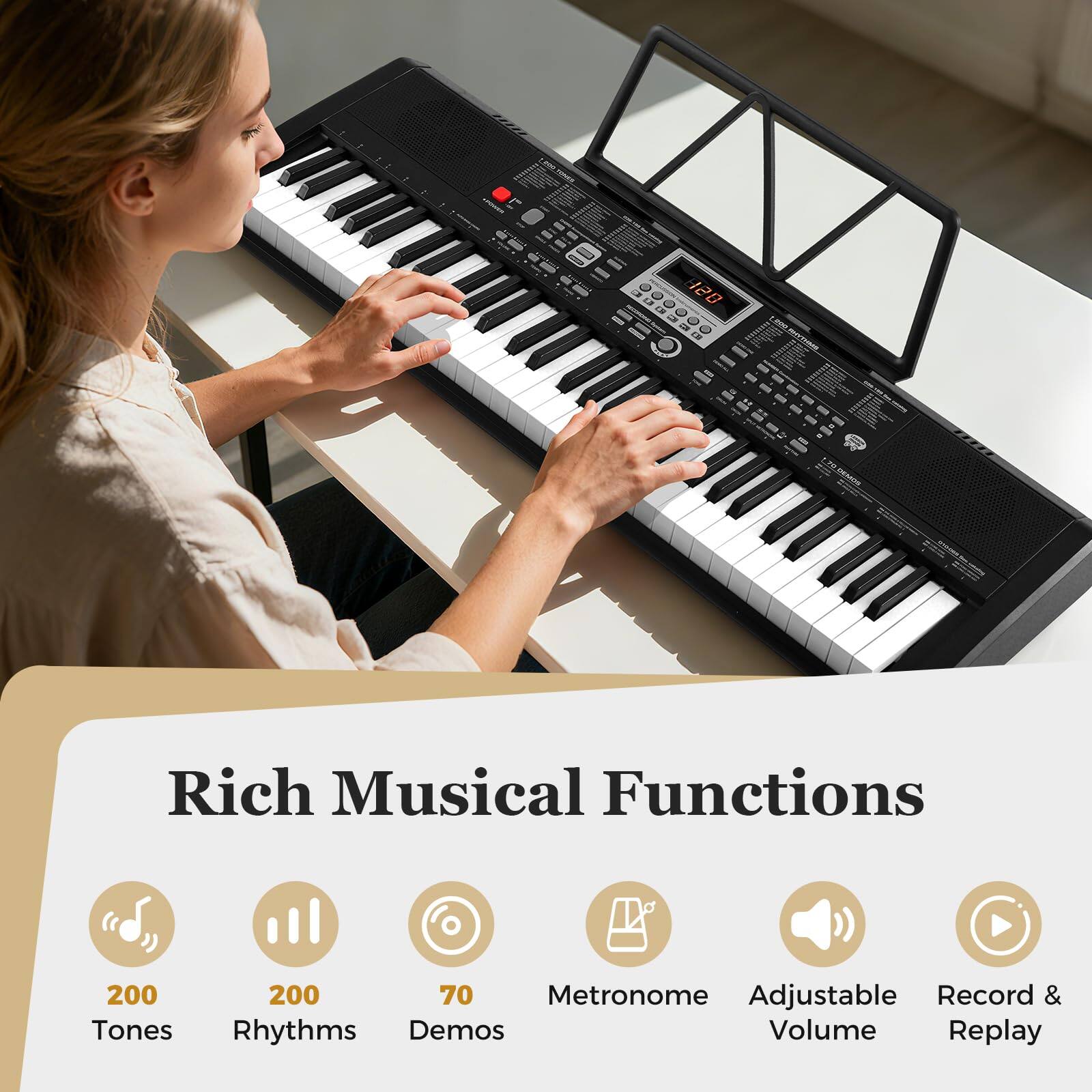 Rich Musical Functions

- 200 Tones
- 200 Rhythms
- 70 Demos
- Metronome
- Adjustable Volume
- Record & Replay