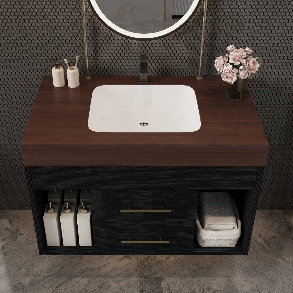 Angle. Loheer - Loheer 29.9 inch floating bathroom vanity Sintered Stone Top Wall Mounted - Black, Walnut.
