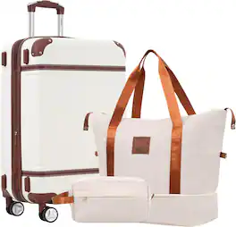 MOOSOO - Vintage 24 INCH Hardshell Luggage Sets with Bags Lightweight Suitcase Double Spinner Wheels with TSA Lock - White