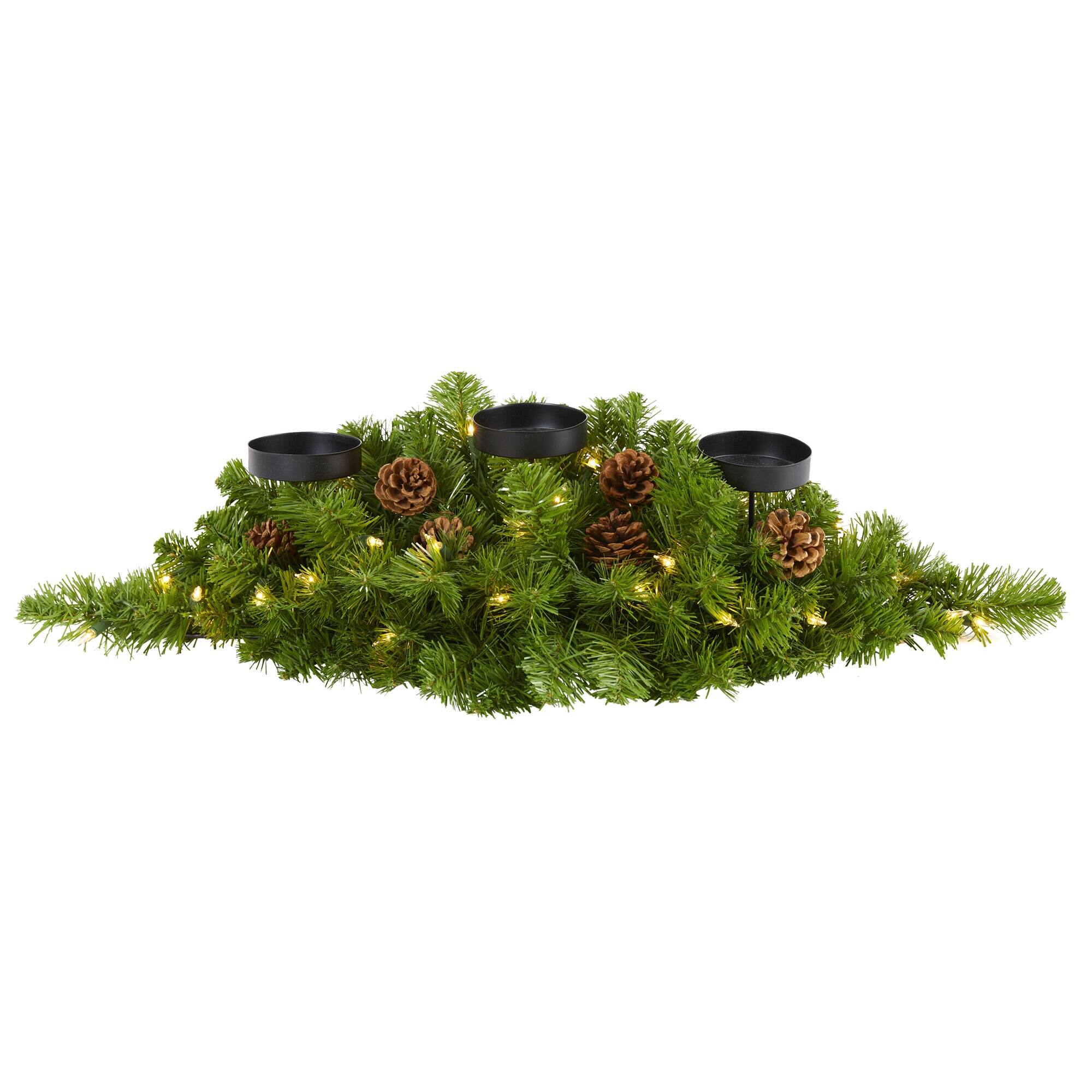 BreeBe- 30” Christmas Pine Candelabrum w/35 Lights and Pine Cones- Green
