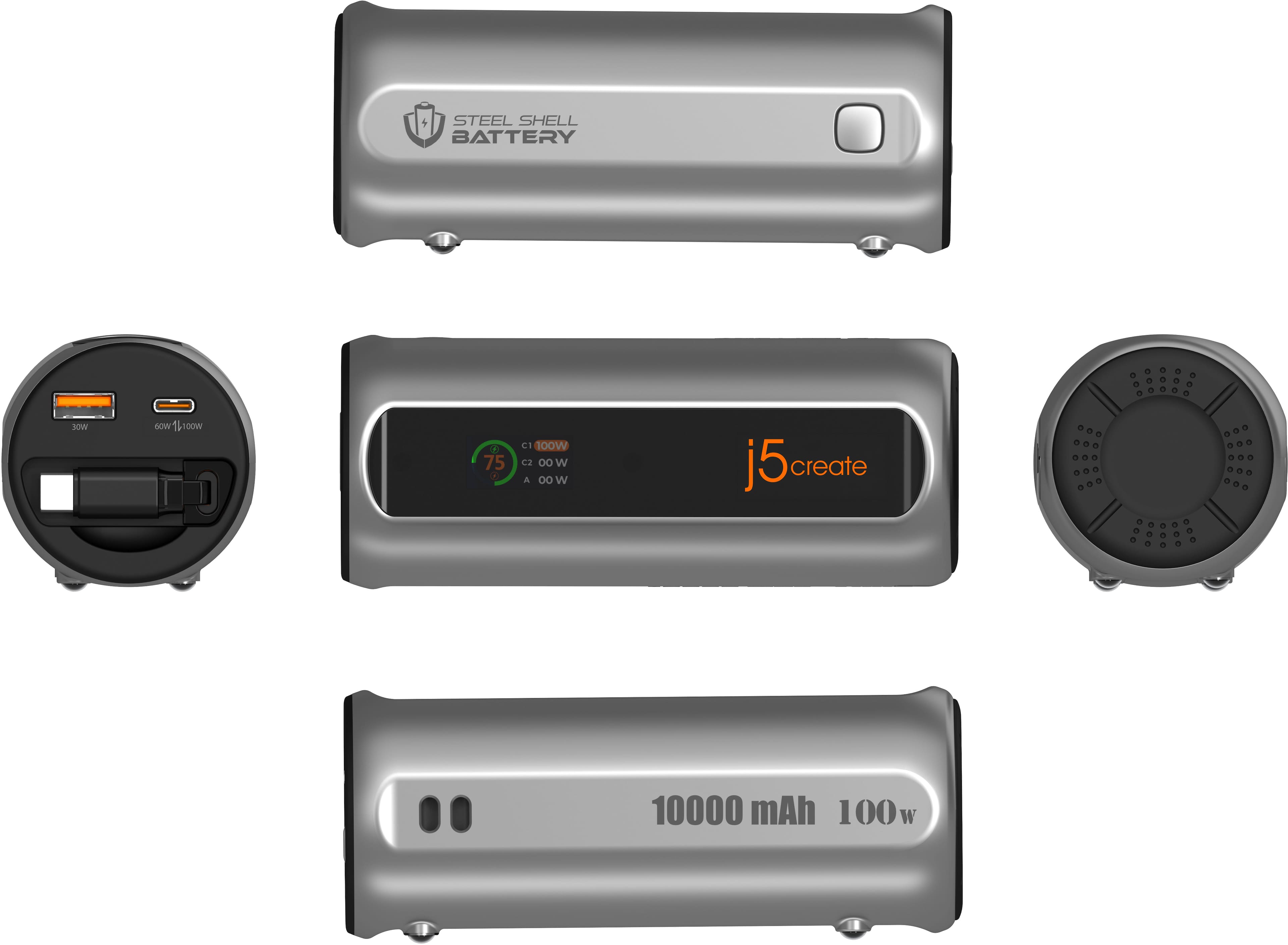 j5create - 10000mAh PD 100W 2-Port Power Bank with Retractab
