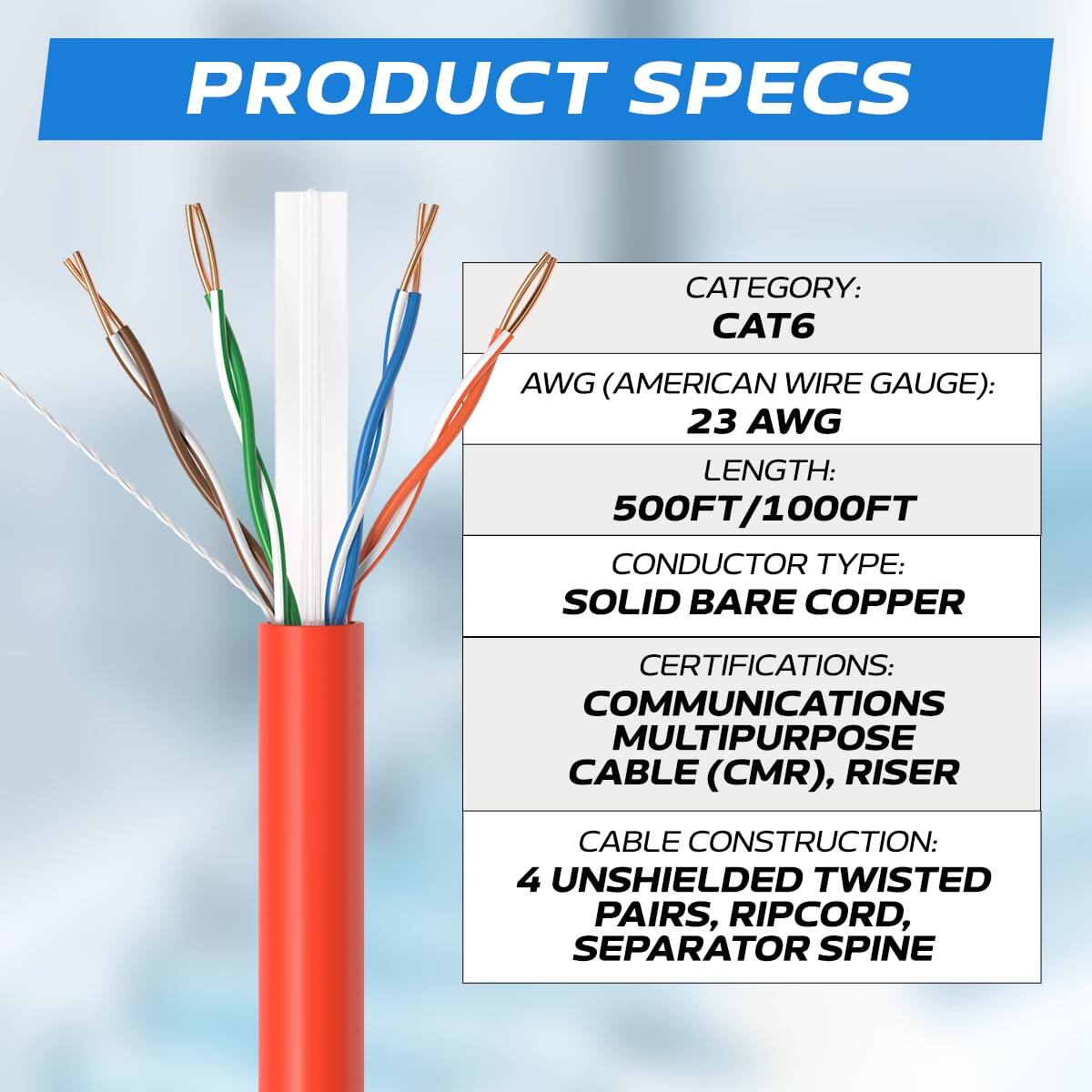 PRODUCT SPECS

CATEGORY: CAT6  
AWG (AMERICAN WIRE GAUGE): 23 AWG  
LENGTH: 500FT/1000FT  
CONDUCTOR TYPE: SOLID BARE COPPER  
CERTIFICATIONS: COMMUNICATIONS MULTIPURPOSE CABLE (CMR), RISER  
CABLE CONSTRUCTION: 4 UNSHIELDED TWISTED PAIRS, RIPCORD, SEPARATOR SPINE