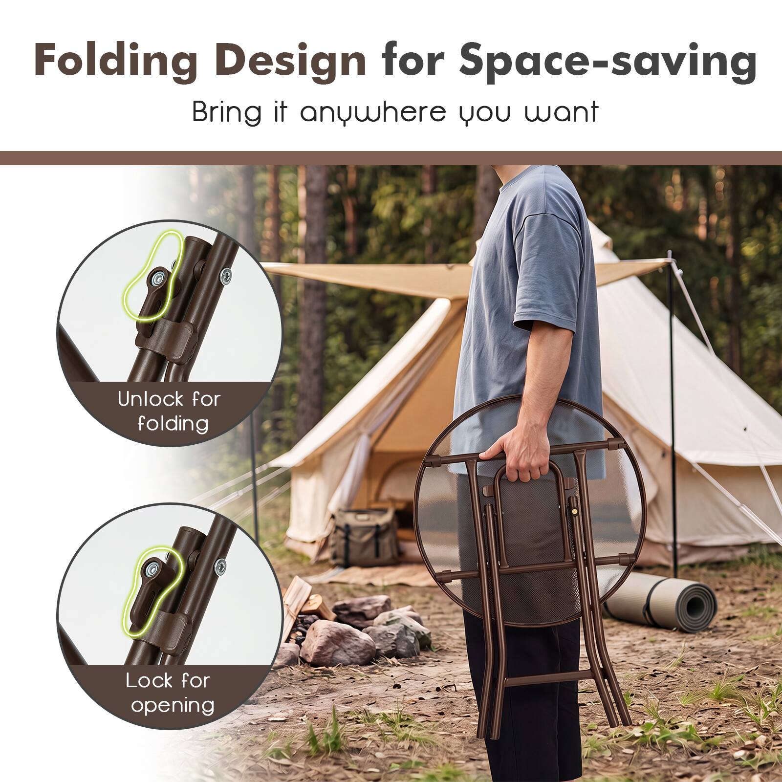 Folding Design for Space-saving  
Bring it anywhere you want  
Unlock for folding  
Lock for opening