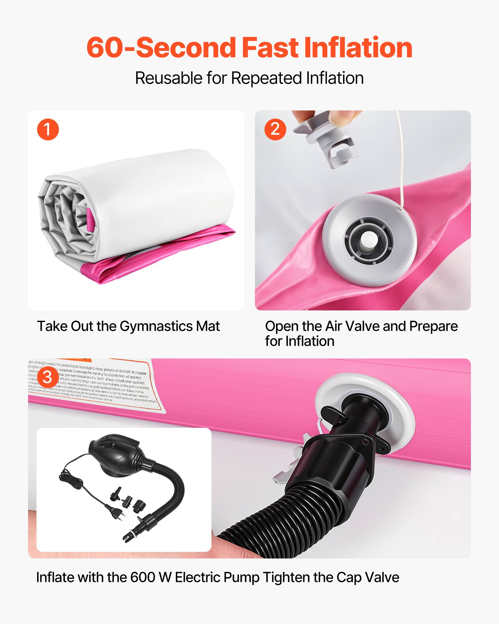 60-Second Fast Inflation  
Reusable for Repeated Inflation

1. Take Out the Gymnastics Mat
2. Open the Air Valve and Prepare for Inflation
3. Inflate with the 600 W Electric Pump  
   Tighten the Cap Valve