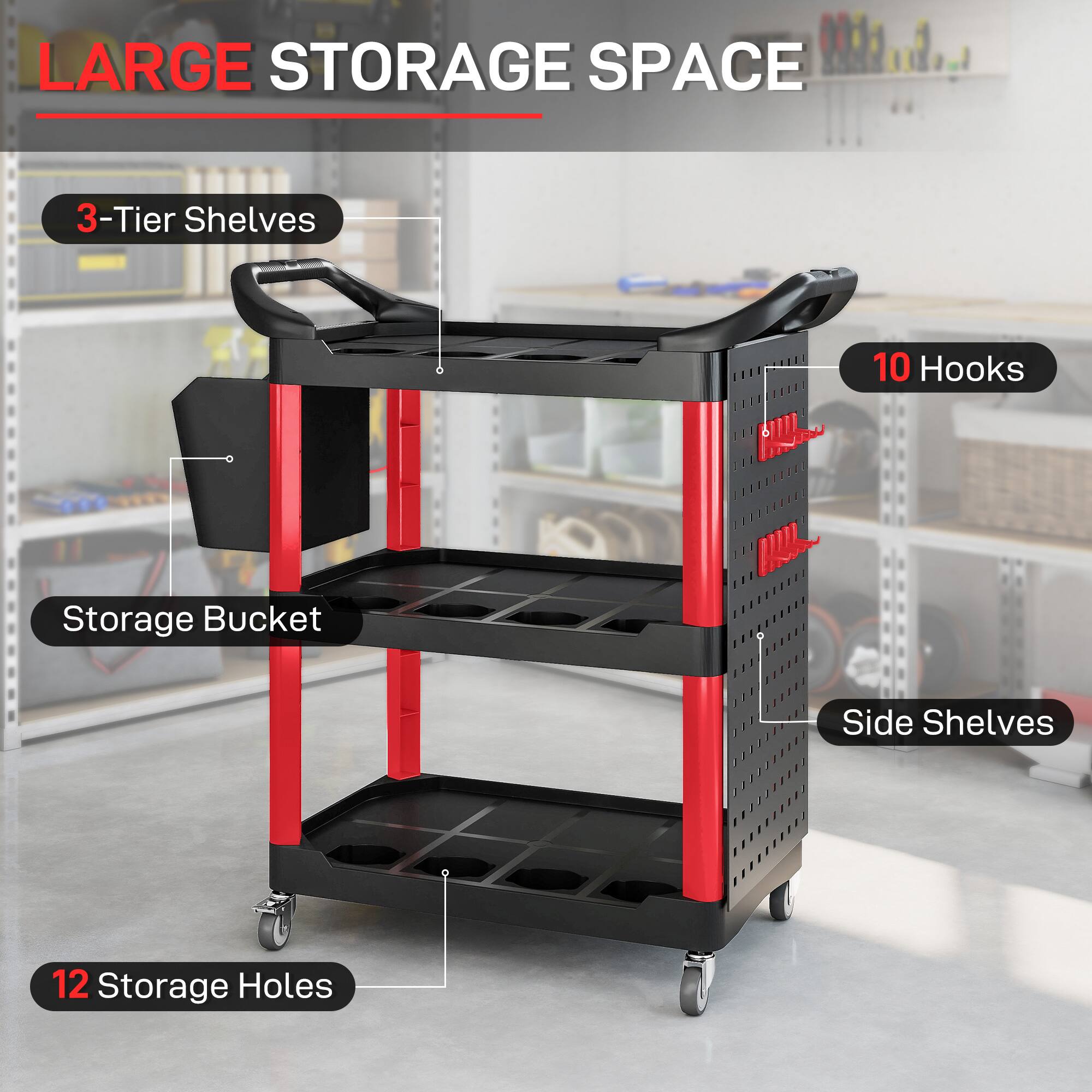 LARGE STORAGE SPACE

- 3-Tier Shelves
- 10 Hooks
- Storage Bucket
- Side Shelves
- 12 Storage Holes