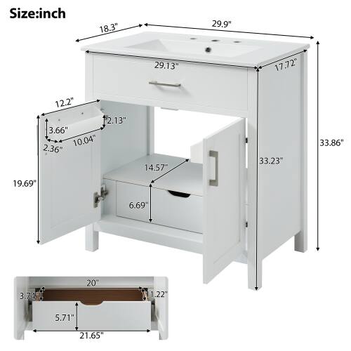 Size: inch  
18.3" 29.9" 29.13" 17.72" 12.2" 2.13" 3.66" 10.04" 2.36" 14.57" 33.23" 33.86" 19.69" 6.69" 3.74" 20" 11.22" 5.71" 21.65"
