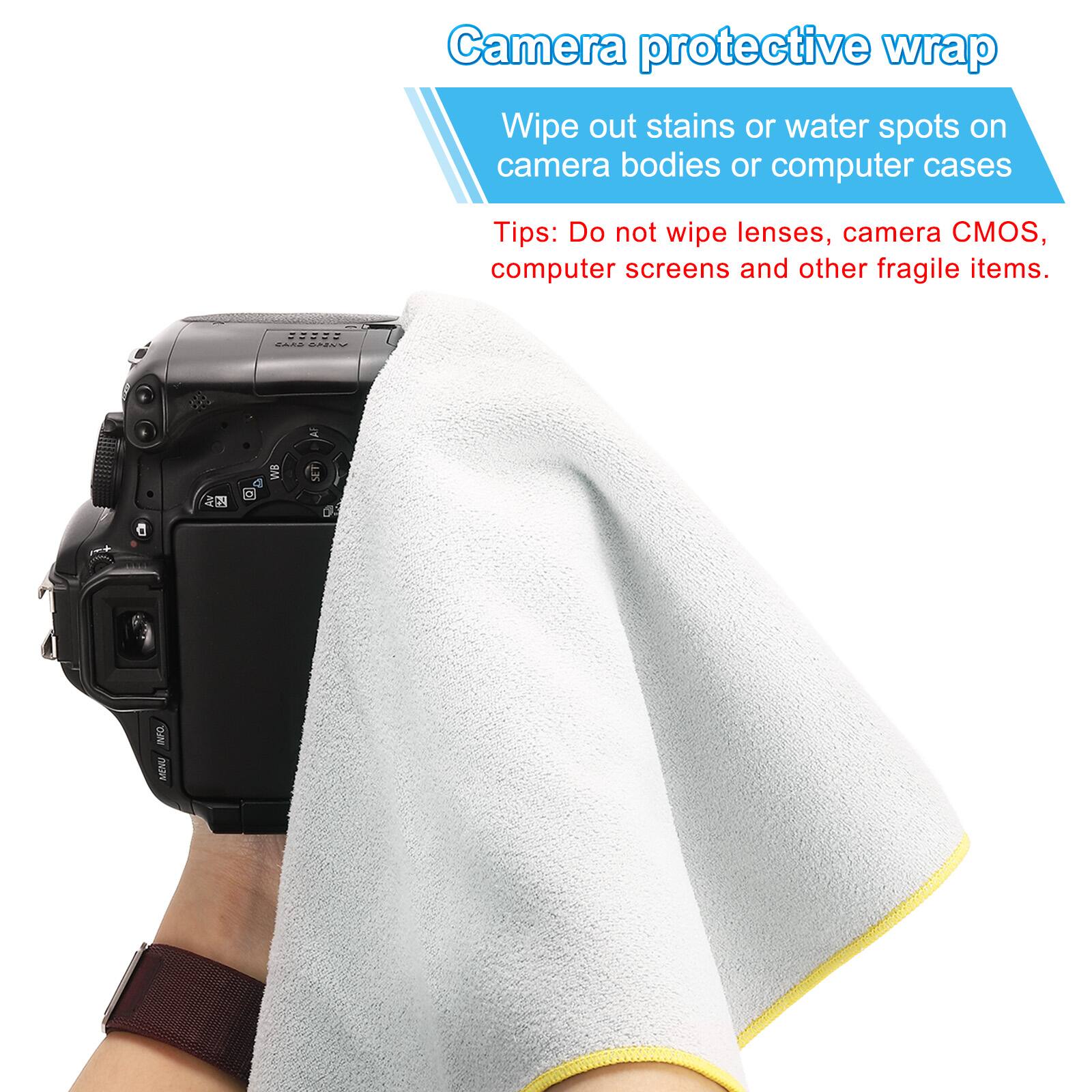 Camera protective wrap  
Wipe out stains or water spots on camera bodies or computer cases  

Tips: Do not wipe lenses, camera CMOS, computer screens and other fragile items.