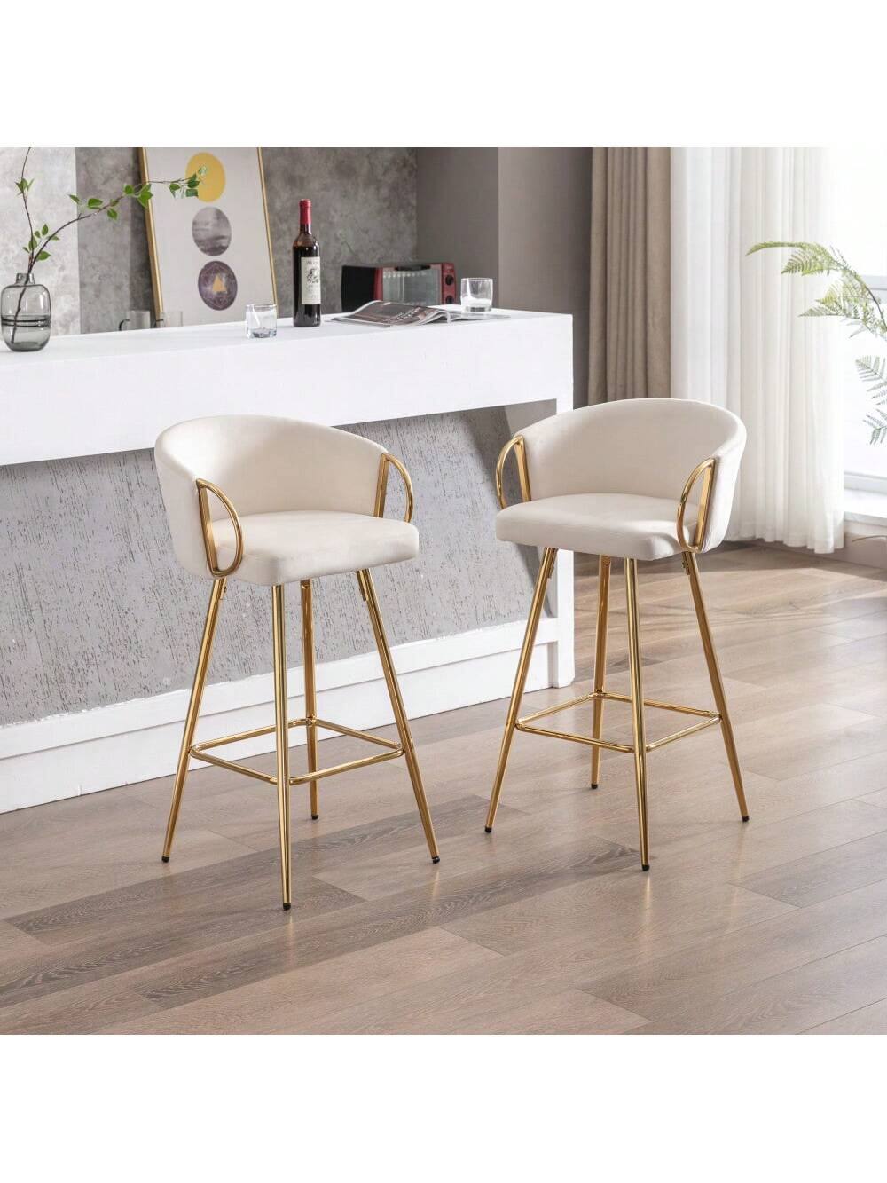 Left. Trinkets Crazed - 26" Velvet Counter Stools Set Of 2, Luxury Bar Chair With Low Back and Gold Legs For Kitchen Island - Beige.