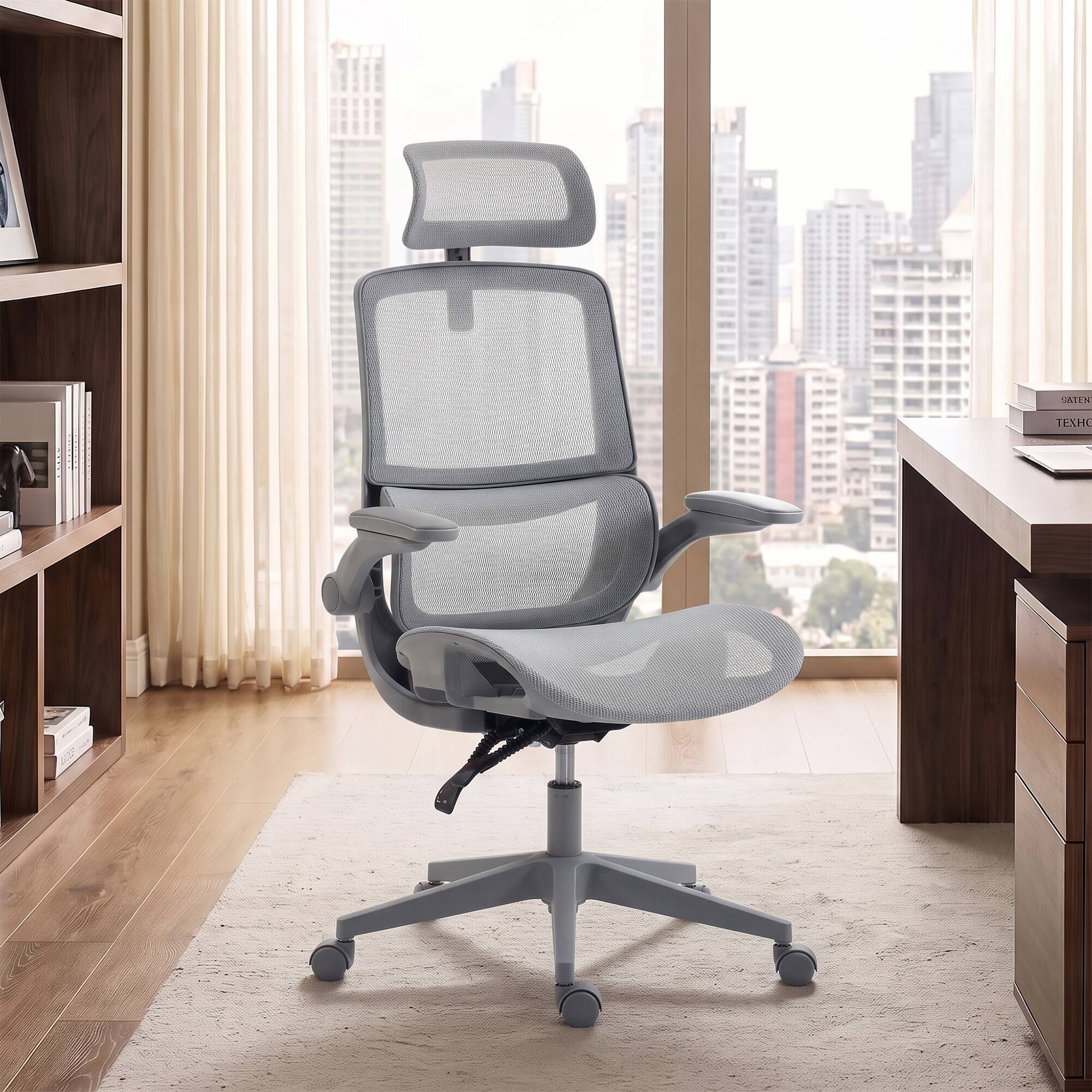 Alt View 1. Homcom - Office Chair with Adaptive Lumbar Support, Reclining Mesh Desk Chair with 2D Headrest - Gray.
